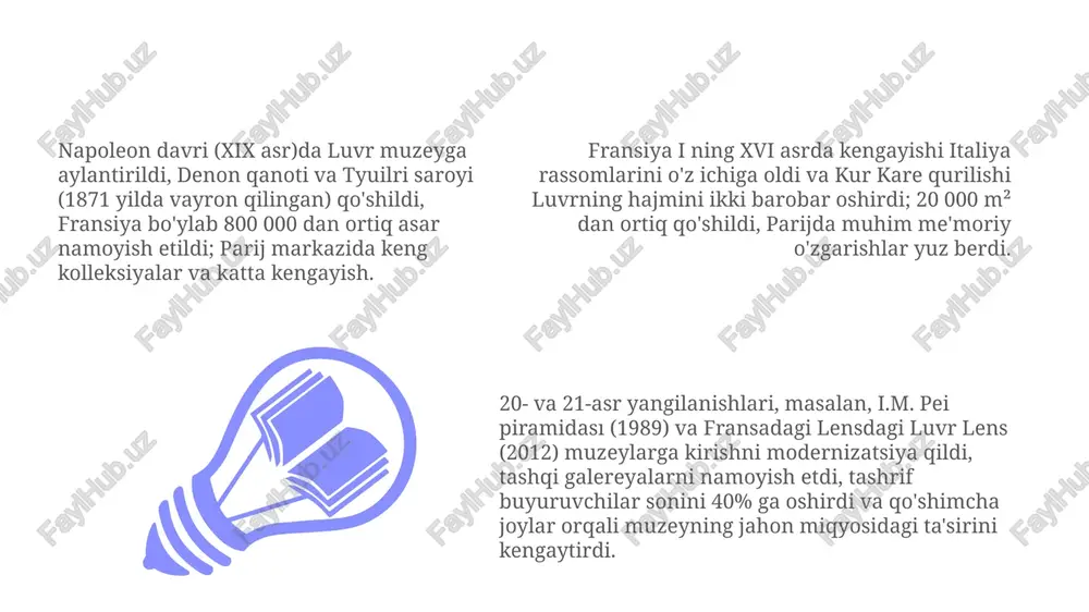 nning 1800-yillardagi kengayishi: italiya, misr yurishlari luvrni talon-taroj qilingan asarlar bilan boyitdi; minglab rasmlar, haykallar; kengayib borayotgan fransiya imperiyasi luvrning o'lchami va kolleksiyasining hajmini oshirdi; parij butun yevropadan kelgan san'atning markaziy nuqtasiga aylandi. napoleonning luvri napoleon bonapart 1796-1815 yillarda 5000 ga yaqin sanʼat asarini tortib oldi, shu bilan luvr muzeyining toʻplamini sezilarli darajada boyitdi, jumladan italiya, misr va niderlandiya asarlari ham bor edi. 1793-yilda parijdagi musée central des arts luvr muzeyiga aylandi. i.m. pey tomonidan loyihalashtirilgan luvr piramidası 1989-yilda ochilib, 72 735 m² maydonni egallagan muzeyga zamonaviy kirish yo'lini taqdim etdi, yonida tyuilri bog'i va parijning 1-okrug'i joylashgan luvru saroyi, dastlab 12-asr qal'asi bo'lib, fransua i (1515-1547) davrida qirollik qarorgohiga aylandi va 16-asr to'plamlarini o'zida mujassamlashtirdi. pyer lesko kabi me'morlar tomonidan amalga oshirilgan keng ko'lamli ta'mirlash ishlari luvru me'morchiligining ramziy qiyofasini shakllantirdi. e'tiboringiz uchun rahmat @taqdimot_robot image1.jpeg image2.jpeg image3.jpeg