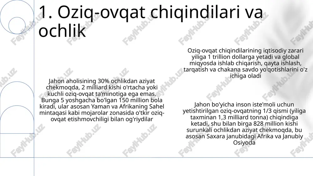 chlik; aqshda oziq-ovqat ta'minotiga etishmovchilik taxminan 10% ni tashkil etadi (usda, 2022), oziq-ovqat etishmovchiligi (shahar markazlari, qishloq appalachia) va kaloriyalar yetarli bo'lishiga qaramay, ozuqaviy oziq-ovqat mahsulotlariga kirish imkoniyati cheklangan jahon bo'yicha qishloq xo'jaligi kuniga ~2600 kk/kishini beradi, lekin ~828 million kishi ochlikdan aziyat chekmoqda (fao, 2023); tengsiz taqsimot, mojarolar (masalan, ukraina urushi don eksportini ta'sir qilmoqda), iqlim o'zgarishi (sahroi afrikadagi qurg'oqchiliklar) ochlikni kuchaytiradi. 6. qishloq xo'jaligi roli jahon ochligini bartaraf etish ko'p tomonlama yondashuvni talab qiladi barqaror yechimlar mahalliy jamoalarni qo'llab-quvvatlashni o'z ichiga oladi. qishloq infratuzilmasiga (masalan, yo'llar va omborxonalarni yaxshilash) investitsiyalar oziq-ovqat chiqindilarini kamaytiradi va bozorga kirishni oshiradi. mahalliy mahsulotlarni o'z ichiga olgan xilma-xil ovqatlanishni targ'ib qilish ozuqaviy qabul qilishni yaxshilaydi ocharchilikning noaniqligi, ya'ni oziq-ovqat mo'lligi va keng tarqalgan ovqatlanishning yetishmasligi bir vaqtda mavjudligi, ijtimoiy-iqtisodiy omillarni o'rganishni talab qiladi. 7. ochlikka qarshi kurash: yechimlar va strategiya stress, zerikish, xafa bo'lish kabi his-tuyg'ular tufayli (masalan, ofis, ijtimoiy tadbirlar) yuqori kaloriyali, …