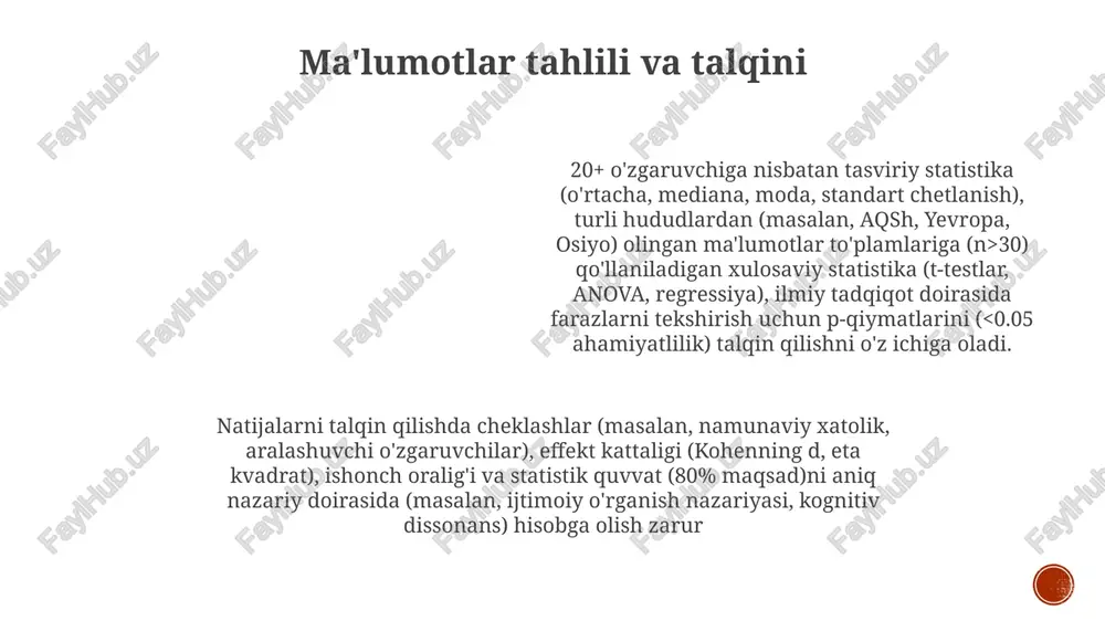 mavjud ilmiy tadqiqotlarni umumlashtiradi (masalan, amazon o'rmonlarida iqlim o'zgarishi ta'sirlari bo'yicha 200 dan ortiq tengdoshlar tomonidan ko'rib chiqilgan maqolalar, 1990-2023), sifat va miqdor usullaridan (masalan, meta-tahlil, tematik tahlil) foydalanib, kamchiliklarni aniqlaydi va kelajakdagi tadqiqotlarga yo'naltiradi. ilmiy tadqiqot usullari eksperimental dizaynlarni (masalan, tasodifiy nazorat ostidagi sinovlar, chikagodagi 1000 ishtirokchi bilan a/b testi), kuzatish tadqiqotlarini (masalan, 20 yil davomida hindiston qishloqlarida 5000 kishini kuzatish tadqiqoti) va statistik tahlillarni (masalan, regressiya modellari, anova, p-qiymati <0.05) o'z ichiga oladi e'tiboringiz uchun rahmat @taqdimot_robot image1.png image2.png image3.png image4.png image5.png image6.png