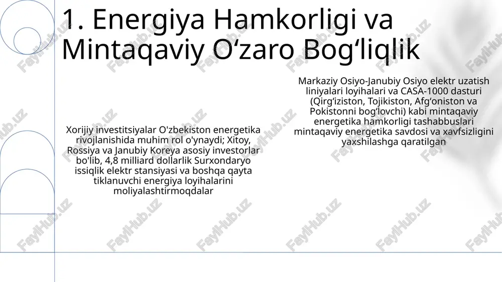 ta'minoti iqlim o'zgarishi va yuqori oqimdagi suv iste'moli tufayli qishloq xo'jaligiga (paxta, bug'doy) va orol dengizining qisqarishiga salbiy ta'sir ko'rsatayotgan asosiy muammo hisoblanadi o'zbekistonning 2018 yilda jahon savdo tashkilotiga (jst) qo'shilishi 164 a'zo davlat bilan savdo hajmini oshirish imkoniyatlarini yaratdi, ammo jst standartlariga, xususan intellektual mulk huquqlari va sanitariya qoidalari bo'yicha muammolar saqlanib qolmoqda, bu 50 milliard dollarlik yaimga ta'sir ko'rsatmoqda o'zbekistonga keladigan to'g'ridan-to'g'ri xorijiy investitsiyalar (ttxi) yiliga taxminan 3 milliard dollarga yetgan bo'lsa-da, byurokratik to'siqlar, korruptsiya va doing business reytingiga ta'siri, shuningdek, qozog'iston kabi boshqa markaziy osiyo davlatlari bilan raqobat kabi qiyinchiliklarga duch kelmoqda 6. muammolar saqlanib qolmoqda. iqlim o'zgarishiga zaiflik (13-maqsad), yoshlar bandligi pastligi (8-maqsad) va gender tengsizligi (5-maqsad) davom etmoqda. xiva va buxoro kabi hududlarda barqaror turizmni rivojlantirish (8-maqsad)da muhofazani iqtisodiy foyda bilan muvozanatlash muhim o'zbekistonning 2022-2026 yillardagi milliy taraqqiyot strategiyasi 17 sdg maqsadlari bilan mos keladi, qashshoqlikni kamaytirish (1-maqsadi), iqtisodiy o'sish (8-maqsadi) va infratuzilmani yaxshilash (9-maqsadi)ga …