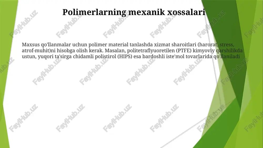 ot (dorivor yetkazib berish uchun gidrogel'lar, 3d bosib chiqarilgan ramkalar), avtomobilsozlik (poliuretan ko'piklar, polikarbonat asboblar paneli). yuqori mustahkamlik, moslashuvchanlik va biomuvofiqlik kabi xususiyatlar talab etiladi ommaviy materiallar xossalari (masalan, zichlik, issiqlik o'tkazuvchanligi, young moduli) qurilish (ko'priklar, binolarda polimer kompozitlar), elektronika (elektron sxemalarda epoksi smolalar) va aviatsiya (samolyot qismlarida yuqori samarali polimerlar) kabi qo'llanmalarda polimer samaradorligiga sezilarli ta'sir ko'rsatadi polimer matritsa kompozitlari (pmk) polimerlar (epoksi, poliester)ni mustahkamlovchi tolalar (uglerod, shisha, aramid) bilan birlashtirib, sport buyumlari (uglerod tolali velosiped ramkalari), shamol turbinalari pichoqlari (shisha tolali mustahkamlangan polimerlar) va aviatsiya qismlari (uglerod tolali mustahkamlangan polimerlar)da qo'llaniladigan yuqori mustahkamlik/og'irlik nisbatlarini ta'minlaydi ommaviy materiallar tasnifi polimer materiallar, ommaviy materiallarning bir turi, molekulyar og'irlik, tarmoqlanish va kristallanishga bog'liq holda turli xususiyatlarga (masalan, tortish kuchlanishi (mpa), sinishdagi cho'zilish (%), eritilgan oqim ko'rsatkichi (g/10 min)) ega tsement (portland tsement, opc), konchilar (ko'mir, mis rudasi) va qishloq xo'jaligi (don, o'g'it) kabi tarmoqlarda ommaviy materiallarni qayta ishlash (masalan, tashish, saqlash, …