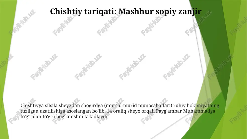 g'ambar muhammaddan keyingi ustozlar orqali ruhiy hokimiyatni kuzatgan nasablar, sufi tartiblarini (masalan, qodiriyya, chishtriyya, suhravardiyya) tuzgan. yozuvli manbalar va og'zaki an'analarga hujjatlashtirilgan bu nasablar geografik hududlar va avlodlar bo'ylab izchil ta'limotlarni ta'minlagan e'tiboringiz uchun rahmat @taqdimot_robot