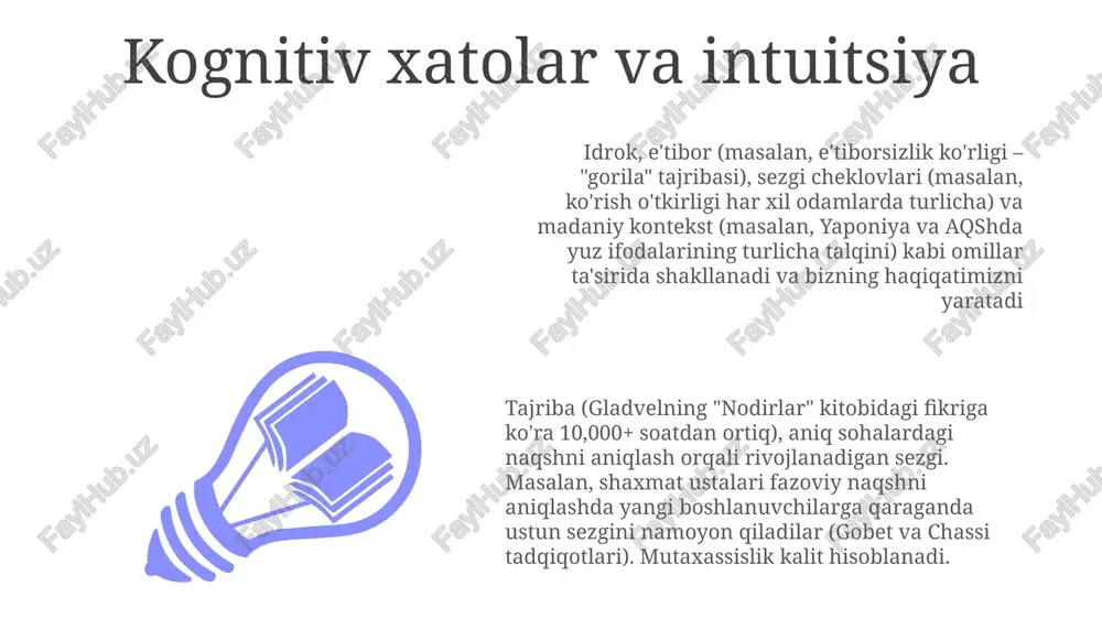 30% ga aniqlikni oshiradi. idroklilikni rivojlantirish eshitish o'tkirligini yaxshilash (2000 hz va 4000 hz chastotalarni aniqlashni yaxshilash), 20 dan ortiq binaural ritmlar seanslari va maqsadli tovushlarni (yomg'ir, okean to'lqinlari, london ko'chasi shovqini) tinglashga qaratilgan kuniga 50 daqiqalik mashqlar natijasida eshitish tezligi 10% ga oshdi. ko'z bilan idrokni 100 soatdan ortiq maqsadli mashqlar (masalan, stroup testi, ko'rish qidiruvi vazifalari) orqali yaxshilash (20/20 ko'rish yoki undan yaxshiroq), turli muhitlarda (masalan, shahar sharoiti, tabiiy landshaftlar, nyu-yorkdagi nazorat ostidagi laboratoriyalar) naqshni aniqlash tezligini 15-20% ga oshirish. 250 soatlik mindfulness meditatsiyasi va 50 soatlik kundalik yozuvlar orqali sezgi rivojlanishi (tanadagi nozik o'zgarishlar va atrof-muhit signallariga, masalan, tokiodagi harorat tebranishlari va yorug'likning nozik o'zgarishlariga e'tibor qaratish), nazorat ostidagi tajribalarda bashorat aniqligida 30% yaxshilanishga olib keldi. hissiy aql va idrok eq va intuitiv idrokni rivojlantirish maxsus mashqlarni talab qiladi. buning usullari: kundalik yozuv (hissiy reaksiyalarga mulohaza qilish), faol tinglash (ijtimoiy ongni yaxshilash – masalan, oilaviy muammolarni hal …