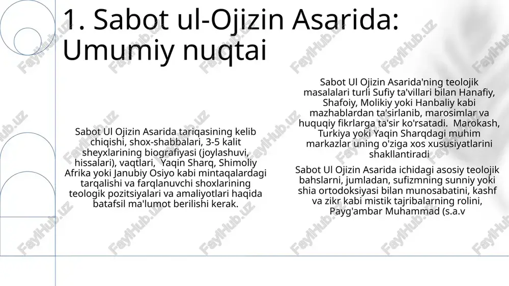 i, uning tarixiy konteksti (masalan, usmonli imperiyasidagi mustamlakachilikdan oldingi jamiyatlar) va zamonaviy muammolarini inobatga olgan holda talab qiladi sabot ul ojizin asarining zamonaviy ahamiyati 20-21-asr talqinlari orqali jahon sufiy tariqatlariga, marokash, pokiston va indoneziyada millionlab odamlarga ta'sir ko'rsatishida 6. hozirgi dolzarbligi va qiyinchiliklar sabot ul ojizin asarida taqdimoti: 1) kirish (14-asr, geografik joylashuv); 2) 4 ta asosiy marosimini tahlili; 3) 2 ta kalit teologik bahs (qur'on 2:256, hadis); 4) 2 madaniy jihatga ta'siri. 7. amaliy qo'llanmalar va marosimlar e'tiboringiz uchun rahmat @taqdimot_robot image1.png image2.png image3.png image4.png image5.png image6.png image7.png image8.png