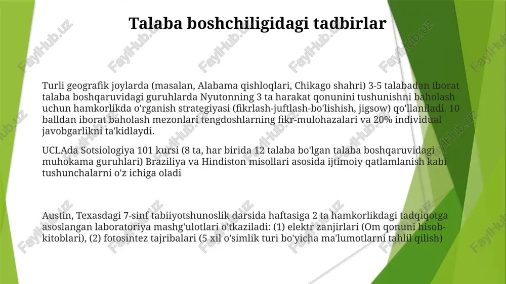 boʻyicha oʻlchangan) oshirishini koʻrsatadi. qo'shiluvchi muhitlar hamkorlikda o'rganishni rivojlantiradi; tadqiqotlar (masalan, johnson & johnson, 1999) turli xil sinflarda (masalan, shahar va qishloq maktablari) guruh loyihalari (3-5 talaba) va tengdoshlar o'qitish kabi strategiya yordamida akademik yutuqlarning (20-30%) oshganligini ko'rsatadi. o'qituvchi-mediator o'qituvchi oakwood boshlang'ich maktabidagi (masalan, 20x30 futlik xona) ajratilgan sinf xonasida turli o'rganish uslublarini (vizual, auditoriy, kinestetik) qo'llagan holda, 3-5 talaba guruhida hamkorlikdagi loyihalarni amalga oshiradi va tengdoshlar o'rtasidagi muloqotni rag'batlantiradi. baholash usullari (rubriklar, o'zaro baholash, o'z-o'zini baholash) northvud o'rta maktabida 60 daqiqalik dars davomida 2-3 shakllantiruvchi baholash va yakuniy loyihani o'z ichiga oladi. talabalarning hamkorligi kuzatish ro'yxatlari (3 ball shkala) va guruh taqdimotlari (5 mezon bo'yicha baholanadi) orqali aniqlanadi. o'zaro hurmat o'zaro hurmat (1) londondagi (4) maktablar yoki nayrobining (5) o'quv markazlari (3) kabi turli-tuman (3) sinf xonalarida (2) hamkorlik pedagogikasining (2) muvaffaqiyatini (6) ta'minlaydi (1) hamkorlik pedagogikasining (27) 26 ta asosiy g'oyasi har bir talabaning (30) faol (28) ishtirokini …