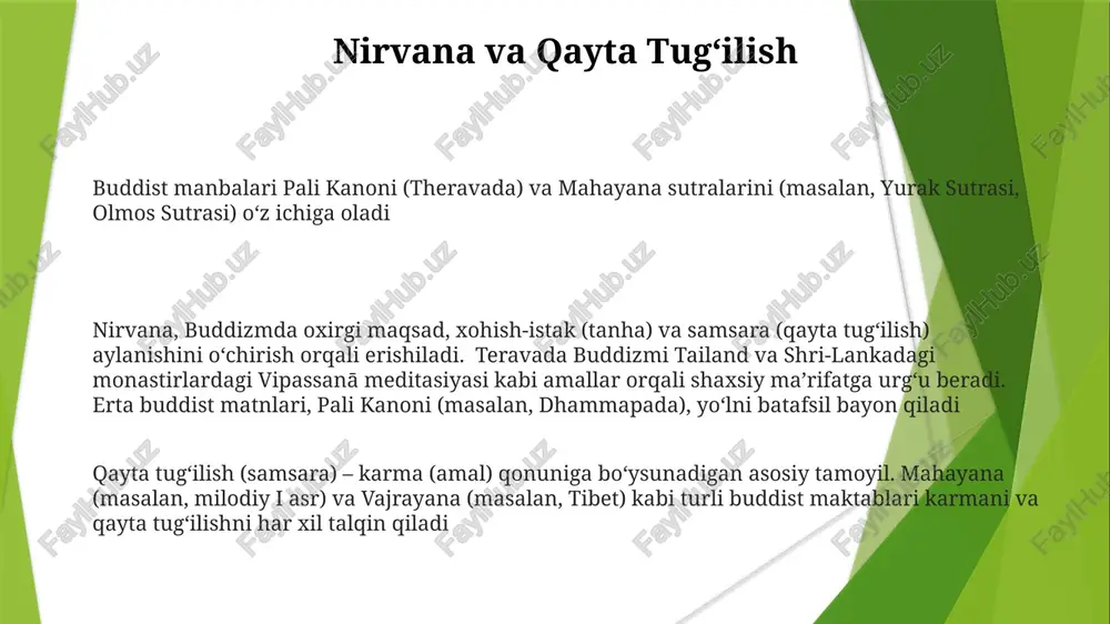 iy budda siddhārtha gautama lumbinida (nepal) paydo boʻlib, miloddan avvalgi iii asrda shri lankaga tarqalib, janubiy-sharqiy osiyoda (tailand, myanma, kambodja, laos) rivojlangan manbalar: pali kanoni (asosiy manba), asrlar davomida shri-lanka va myanma kabi turli joylarda yozilgan kanonni tushuntiruvchi sharhlar (atthakatha) sakkiz yo'l siddhārta gautama (mil. av. 563-483), lumbini (nepal)da buddizmini asos solgan; toʻrt oliy haqiqat (azob, kelib chiqishi, tugashi, yoʻl); sakkiz yoʻlli yoʻl: toʻgʻri tushunish, fikr, soʻz, amal, turmush, harakat, hushyorlik, diqqat; tripitaka (pali kanoni), mil. av 2500+ yillik tarix; buyuk asoka (mil. av mahayana buddizmi mahayana va theravada buddizmi birga rivojlanib, ma'rifat yo'liga bo'lgan munosabatda farqlanib ketdi. yogacara, tyantay (yaponiyada tenday), huayan (yaponiyada kegon), sof yer va zen buddizmi kabi mahayana maktablari sharqiy osiyoda rivojlanib, turli amaliyot va talqinlarga olib keldi hinoyana buddizmi, milodiy i asrdan hindistonda kelib chiqib, markaziy osiyo, xitoy (iii asr), koreya (iv asr), yaponiya (vi asr) va tibetga (vii asr) tarqalib, bodhisattva gʻoyalari (barcha mavjudotlarga …