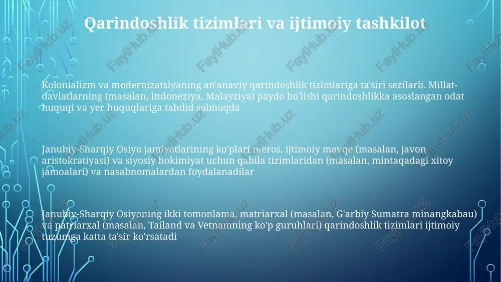 aka va uning merosi mustamlaka iqtisodiy siyosati (indoxina va gollandiya sharqiy hindistoni kabi hududlarda kauchuk, ziravorlarni majburiy yetishtirish) katta tengsizliklarni keltirib chiqardi, yerni tortib olishga va ko'plab qishloq aholisini qashshoqlashtirishga olib keldi mustamlaka etnologiya merosi janubi-sharqiy osiyo aholisini koʻpincha irqchi va notoʻgʻri mezonlarga asoslanib tasniflash, zamonaviy ijtimoiy tuzilmalarga taʼsir koʻrsatadigan sunʼiy toifalarni yaratishdan iborat edi. masalan, fransiya hind xitoyining maʼmuriy boʻlinmalari etnik farqlarni uzoq muddatli siyosiy oqibatlar bilan mustahkamladi 16-20-asrlar davomida yevropa mustamlakachiligi janubi-sharqiy osiyoning siyosiy xaritasini tubdan o'zgartirdi, mavjud etnik farqlarni inobatga olmay yangi chegaralar (masalan, vetnam, malayziya) o'rnatdi va borneo, filippin kabi joylarda uzoq davom etadigan nizolarga olib keldi zamonaviy muammolar va masalalar e'tiboringiz uchun rahmat @taqdimot_robot image1.png image2.png image3.png image4.png image5.png