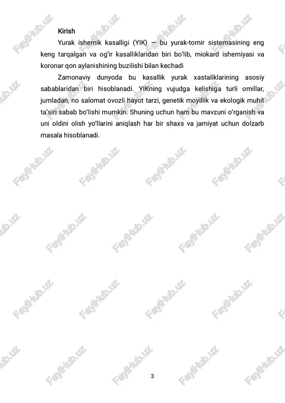 u dorilar yurak qon aylanishini yaxshilash, holesterin darajasini kamaytirish va qonning qovushqoqligini pasaytirish maqsadida ishlatiladi. nofarmakologik usullarga esa sogʻlom ovqatlanish, muntazam jismoniy faollik, vazn kamaytirish va stressni boshqarish kiradi yurak ishemik kasalligi bilan bogʻliq boʻlgan yanada murakkab holatlarga arterial gipertenziya (yuqori qon bosimi), metabolik sindrom va diabet kabi omillar ham hissa qoʻshadi. yuqori qon bosimi koronar arteriyalarning elastikligini yoʻqotishiga olib keladi, bu esa arteriyalarning tortilishiga va ishemiyaga sabab boʻladi. metabolik sindrom esa yuqori triglitserid darajasi, past zichlikli lipoprotein (ldl) holesterin va insulin rezistentligi bilan birga keladi, bu ham yik rivojlanishiga ulkan xavf tugʻdiradi yurak ishemik kasalligining sabablari va risk omillari haqida batafsil ma’lumot berish uchun, bu muhim mavzuni chuqurroq o‘rganib chiqamiz. 6 yurak ishemik kasalligi (yik) — bu yurak muskullariga yetarli miqdorda qon yetishmasligi natijasida vujudga keladigan patologik holatdir. unga olib keluvchi sabablar va risk omillari turli-tuman bo‘lib, ularni tushunish davolash va oldini olishda asosiy rol o‘ynaydi yurak ishemik kasalligining …