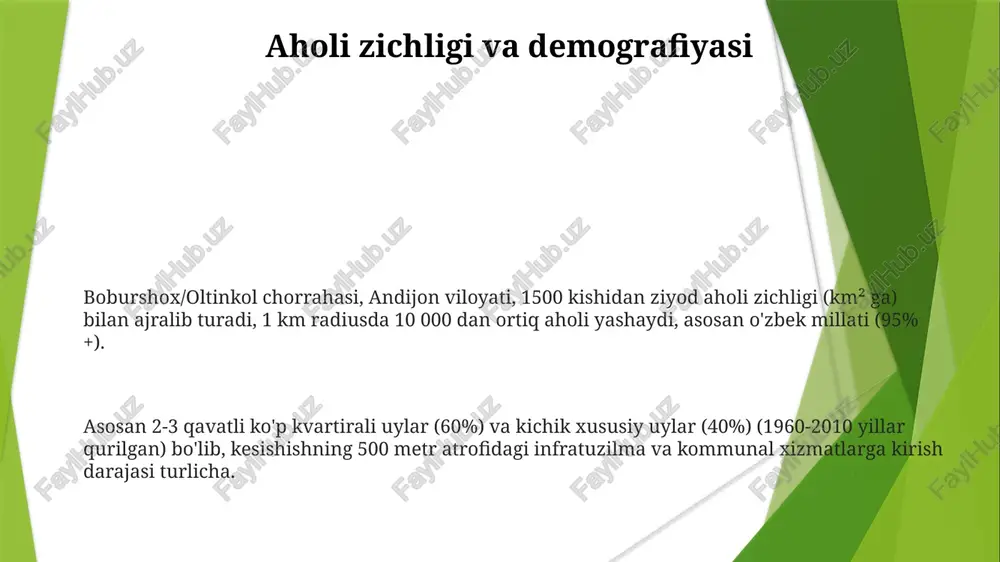 ametri 1,2 m) 20% tiqilib qolgan va darhol tozalanishni talab qiladi choraxmada piyodalar o'tish joylari yo'q (zebra yo'llari yo'q), bu esa avariya sonini oshiradi (yiliga 5 ta). jamoat transporti yetishmovchiligi (avtobus bekati 500 m uzoqlikda) kirish imkoniyatiga ta'sir qiladi andijon viloyati, boburshox/oltinkol chorrahasi infratuzilmasi bahosida 30% yo'l yuzasi buzilgan (iri 2.5m/km), 150m² taʼmirlash talab etiladi. suv quvuri quvvati (150l/s) 2030-yilgi prognoz qilingan aholi soni (25,000) uchun yetarli emas, 50% modernizatsiya kerak atrof-muhit ta'siri va barqarorlik andijon shahridagi boburshox/oltinkol chorrahasidagi barqaror bo'lmagan shaharsozlik issiqlik oroli effektini kuchaytiradi (atrofdagi hududlardan 2-3°c yuqori), yashil maydonlarning yetishmasligi (500 metr radiusda 5% dan kam yashil qoplama) bu holatni yanada og'irlashtiradi andijon viloyatining boburshox/oltinkol chorrahasida transport vositalarining koʻpayishi (kuniga taxminan 5000 ta) va yaqin atrofdagi andijon toʻqimachilik fabrikasining chiqindilari (kuniga taxminan 2 tonna co2) tufayli havo ifloslanishi (pm2.5 darajasi jsst me'yorlaridan 30% yuqori) kuzatilmoqda andijon shahridagi boburshox/oltinkol chorrahasida ekologik tashabbuslar cheklangan. yashil infratuzilma loyihalarini (masalan, piyodalar …