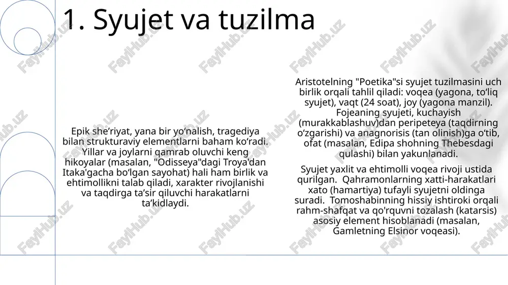ir va syujetni boyitish nuqtai nazaridan tahlil qiladi; soʼz tanlash samaradorligi syujet, obraz va fikr kabi boshqa elementlar bilan uygʼunlashishiga bogʼliq. aristotelning "poetika"si (mil. av 5. so'z tanlash aristotelning "poetika"si (miloddan avvalgi 335-yil) fojiada oltita elementdan birini – tomosha (opsis)ni – syujet, obraz, fikr, nutq va qo'shiq/melodiya bilan bir qatorda ta'riflaydi aristotel tomoshaning nisbiy ahamiyatini ta'kidlab, hikoya va qahramonlarga urg'u berib, intellektual va hissiy jalb etishni muhim deb biladi. tomoshaning roli tan olingan bo'lsa-da, fojiali asarning sifatini aniqlashda qolgan besh elementga bo'ysunadi tomosha katharsisga, ya'ni aristotelning fojia maqsadi deb bilgan hissiy tozalanganga minimal hissa qo'shadi, hissiy tajribaning kuchaytirgichi, emas, haydovchisi vazifasini bajaradi. 6. tomosha asosiy g'oya (dianoia) pyesaning yashirin mavzusi yoki xabari bo'lib, ko'pincha taqdir, erkin iroda, adolat kabi umumbashariy holatlarni o'rganadi. sofoklning qadimgi yunon teatrlarida o'ynalgan fojialari buning yorqin misolidir. aristotelning "poetika"si (mil. av. 335-yil) qadimgi yunon fojialarining oltita muhim elementini bayon qiladi: syujet (mifos), murakkab tuzilma (1-3 epizodlarni …