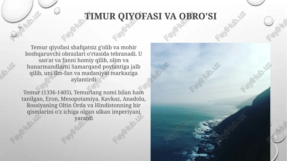 tda markazlashgan hukmronlik va infratuzilmani rivojlantirish merosini qoldirdi temur merosi markaziy osiyoda koʻplab madrasalar va kutubxonalarni yaratish orqali islom ilm-fani va madaniyatining homiysi sifatida namoyon boʻldi. qadimgi matnlarni tarjima qilish va saqlash mintaqaning intellektual merosining muhim qismidir iqtisodiy siyosat va savdo temur davrida (xiv-xv asrlar) irigatsiya loyihalari va soliq islohotlari orqali qishloq xo'jaligi rivojlantirildi, katta daromad keltirildi. buyuk ipak yo'li ravnaq topdi, samarqand iqtisodiyoti ancha o'sdi. standartlashtirilgan og'irlik va o'lchovlar turli hududlardagi savdoni osonlashtirdi. temurning markazlashgan boshqaruvi samarali soliq yig'ishni ta'minladi, bu uning harbiy yurishlarini va samarqand, hirot va dehli kabi shaharlardagi masjidlar va madrasalar kabi ulkan infratuzilma loyihalarini moliyalashtirish uchun muhim edi san'at va fanlarni homiylik qilish samarqanddagi gur-e-amir maqbarasi, temur qabri, uning homiyligini namoyon etadi. uning ajoyib firuza gumbazi va murakkab koshinlari san'at va me'morchilikning yuqori darajasini aks ettiradi. bu majmua ilmiy va badiiy faoliyatning muhim markazi bo'lgan temurning eron, anadolu va hindistondagi keng ko'lamli yurishlari uning homiyligini …