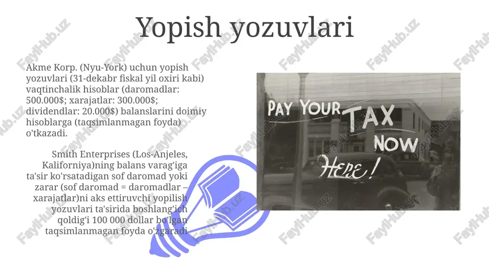 i (aktivlar = passivlar + kapital) ko'rsatilgan akme korporatsiyasi 2024-yil 31-dekabr balansidagi ma'lumotlarni aks ettiruvchi, umumiy qiymati 25 000 dan iborat debet va kredit (d/k) ustunlari bilan ishchi varaq ikki tomonlama buxgalteriya hisobi asosiy buxgalteriya elementlari aktivlar (naqd pul, yer, chikagodagi uskunalar), passivlar (qarzlar, detroytda to'lanishi kerak bo'lgan hisob-kitoblar) va kapital (egalik kapitali, to'plangan foyda ko'rsatuvchi qoldiq daromad)ni o'z ichiga oladi balans varaqasi buxgalteriya tenglamasi: ikki tomonlama yozuvning asosi: aktivlar = passivlar + kapital. har bir operatsiya kamida ikkita hisobni ta'sir qiladi, shu muvozanani saqlaydi debet va kredit 01 02 aktivlar, xarajatlar va dividend hisoblarini debet oshiradi, kredit esa kamaytiradi. aksincha, kreditlar majburiyatlar, egalarning kapitali va daromad hisoblarini oshiradi, debet esa kamaytiradi. buxgalteriya tenglamasi (aktivlar = majburiyatlar + kapital) har doim muvozanatda bo'lishi kerak. sales 1st qtr 2nd qtr 100 0 sales 1st qtr 2nd qtr 100 0 daromad hisobi daromad hisobi: kompaniyaning moliyaviy natijalarini ma'lum bir davr (masalan, choraklik, …