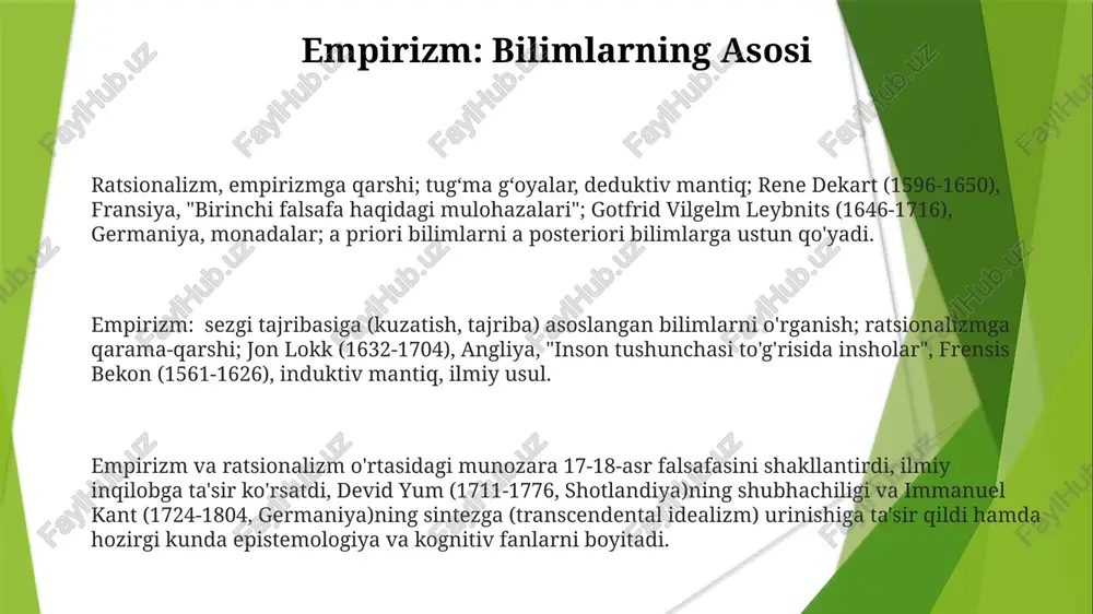angliya, germaniya va boshqa davlatlarda) ma'rifat davrini ratsionalizm va empirizm o'zaro ta'siri shakllantirdi. immanuel kant (1724-1804) bu qarashlarni sintez qilishga urinib, a priori tushunchalar va empirik ma'lumotlarning bilim olish uchun muhimligini ta'kidladi ratsionalizmning chegaralari ratsionalizm, dekartning "cogito ergo sum" kabi tugʻma gʻoyalarga urgʻu berib, empirizmning hissiy tajribaga qaratilgan eʼtiboridan (j empirizmning asosiy mutafakkirlari fransis bekon (1561-1626), ingliz davlat arbobi, olimi, yurist, yozuvchi va faylasufi, "novum organum" (1620) asarida induktiv mantiq va empirik usullarni targ'ib qildi; kuzatish va tajribani deduktiv mantiqdan ustun qo'ydi; ilmiy metodologiyaga chuqur ta'sir ko'rsatdi. jorj berkley (1685-1753), irland faylasufi, "inson bilimining tamoyillari haqida risola" (1710), idealist empirist, "bo'lish – anglanish demakdir", lokkning modda tushunchasiga qarshi chiqdi; kloyne yepiskopi, irlandiya; subyektiv idealizm rivojiga katta ta'sir ko'rsatdi. jon lokk (1632-1704), ingliz faylasufi, "inson tushunchasi haqida insho" (1689), empirizmni himoya qildi, bilim faqat hissiy tajribadan kelib chiqishini ta'kidladi; "bo'sh lavha" kontseptsiyasi; siyosiy fikrga katta ta'sir ko'rsatib, amerika va fransiya inqiloblariga …