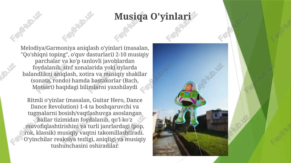 16-asr va undan keyin (komenskiyning "orbis sensualium pictus" asari misolida) didaktik o'yinlar yevropa va amerikada ta'limda qo'llanildi zamonaviy o'quv o'yinlari (xx va xxi asrlar) kompyuter, planshet, mobil ilovalar kabi turli platformalardan foydalanadi simulyatsiya o'yinlari o'quv o'yinlari, jumladan stol o'yinlari (masalan, catan aholi punkti, ticket to ride), karta o'yinlari (masalan, imlo, matematika bo'yicha o'quv karta o'yinlari) va rol o'ynash o'yinlari (masalan, tarixiy voqealar yoki ilmiy tushunchalarga qaratilgan o'quv rpglari) interaktiv o'yin orqali o'rganishni rivojlantiradi badiiy o'yinlar badiiy tarixni o'z ichiga olgan stol o'yinlari: "shedevr" uslubidagi o'yinlar (2-4 o'yinchi) 5 ta turli davr (uyg'onish, barokko, impressionizm, kubizm, surrealizm)dagi 15 ta mashhur asarni, joylashuvlar (florensiya, parij, amsterdam, barselona, nyu-york) bilan birga taqdim etadi raqamli rasm o'yinlari: piskel, aseprite kabi piksel rasmi yaratish dasturlari 2d dizayn loyihalarini (kamida 100 piksel çözünürlük) rang palitralari (pantone matching system ma'lumotnomalari) va geometrik shakllar (kvadratlar, uchburchaklar, doiralar) yordamida dizayn tamoyillarini o'rgatishga imkon beradi e'tiboringiz uchun rahmat @taqdimot_robot image1.jpg …