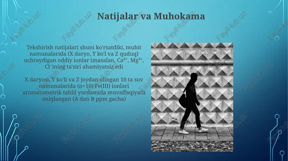 alitlarning (bu yerda fe(iii) ionlari) harakatlanuvchi fazada (masalan, 0.1m hcl li suvli eritmada) statsionar fazada (masalan, 5µm zarracha o'lchamli, 25sm x 4.6mm ustunda silika gel ustuni) harakatlanish tezligining farqlanishiga asoslanadi (adsorbsiya, taqsimlanish, ion almashinuvi) e'tiboringiz uchun rahmat @taqdimot_robot image3.jpg image4.jpg image5.jpg image6.jpg image7.jpg image8.jpg image9.jpg image2.png