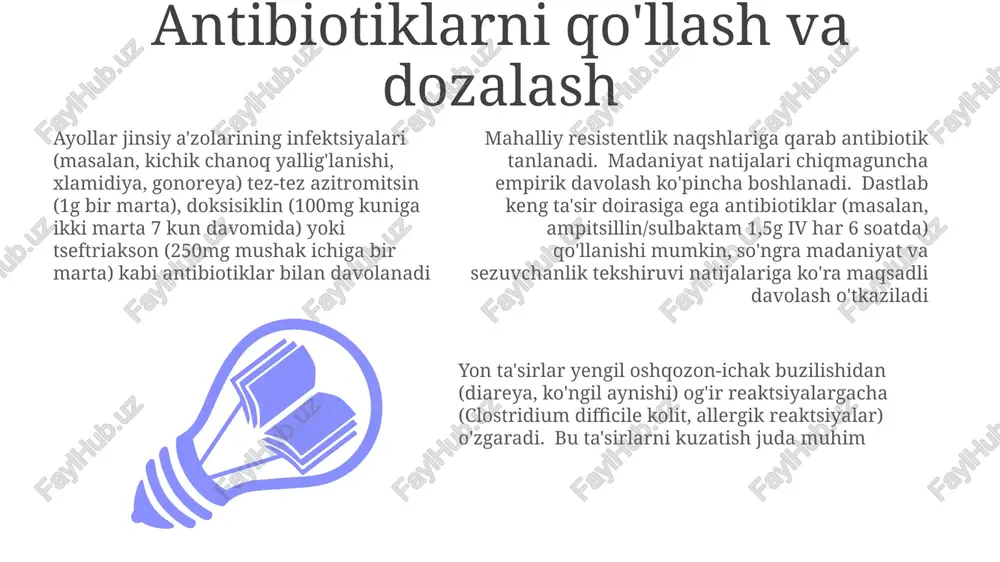 fektsiyalarni davolashda qo'llaniladi. doza juda farq qiladi, odatda 3 kun davomida kuniga 1 marta 400 mg. nojo'ya ta'sirlarga oshqozon-ichak buzilishi, allergik reaktsiyalar (shu jumladan anafilaksiya) kiradi akusherlik va ginekologiyada antibiotikka chidamlilik keng spektrli antibiotiklar (masalan, tetrasiklinlar, kinolonlar) ginekologiyada antibiotiklarga chidamlilikni sezilarli darajada oshiradi. aniq chidamlilik genlari (masalan, tetm, tetw, aac(6’)-ib-cr, qnr) ayol jinsiy a'zolarida yashovchi bakteriya turlari orasida gorizontal gen uzatish orqali tarqaladi ginekalogik infeksiyonlar uchun antibiotik tanlash mahalliy antibiotikogramma ma'lumotlariga, ya'ni hududiy rezistentlik ko'rsatkichlariga bog'liq. empirik davolash ko'pincha keng ta'sir doirasiga ega vositalardan boshlanadi va keyin kultura va sezuvchanlik natijalariga asoslangan maqsadli terapiya bilan davom ettiriladi ko'pgina ginekologik infeksiyalar (masalan, kichik chanoq yallig'lanishi, bakteriyal vaginoz, endometriit) metronidazol (500mg kuniga 2 marta), klindamitsin (300mg kuniga 2 marta), sefazolin (1g tomir ichiga 8 soatda bir marta) va azitromitsin (1g bir marta qabul qilish) kabi antibiotiklar bilan davolanadi ginekologik infeksiyonlarga kirish davolash protokollari infeksiya turiga, ogʻirligiga va bemor tarixiga bogʻliq; mahalliy (masalan, …