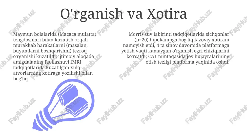 ariantlari) va atrof-muhit (erken bolalikda kuniga taxminan 5000 so'zga ta'sir qilish aqshda lug'at boyligining o'sishini ta'minlaydi)ning murakkab o'zaro ta'siri bilan bog'liq solishtirma psixologiya turli turlarni kognitiv qobiliyatlarini operant shartlash (skinner qutilari) va kuzatuv tadqiqotlari (jane goodallning gombe'dagi shimpanzelarning ijtimoiy munosabatlariga oid 45 yillik tadqiqoti) kabi usullar yordamida o'rganadi hayvonlardagi axloqiy taraqqiyot primatlar tadqiqotlari (masalan, shimpanzelarning ovda hamkorligi, yerkes milliy primat tadqiqot markazida 3 yoshli orangutanlarning oynada o'zini tanib olishini namoyish etishi) murakkab ijtimoiy idrok va xayrixoh xulq-atvorlarni ochib beradi, bu boshlang'ich axloqiy fikrlashni ko'rsatadi hayvonlardagi empatiya bo'yicha neyrobiologik tadqiqotlar, masalan, kemiruvchilarda (neyrosains jurnalining 2006 yildagi tadqiqoti) o'z turlarining og'rig'ini kuzatishda oyna neyron tizimlarining faollashuvi, insonlardagi axloqiy tuyg'ular bilan bog'liq umumiy neyron yo'llarini ochib beradi tajovuz rivojlanishi skott & fuller (1965) ning aqshda beagle va koker spaniel kabi turli it zotlarida o'tkazgan tajribalari erta sotsializatsiyaning agressiya darajasiga ta'sirini ko'rsatdi konrad lorenzning (1963) avstriyadagi etologik tadqiqotlari turli xil turlarda, masalan, kulrang gʻozlarda …