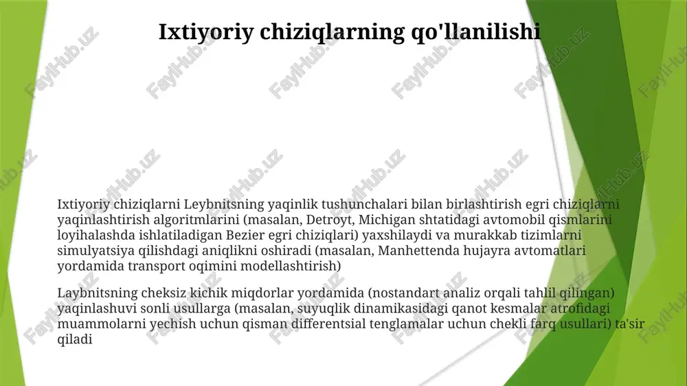rentsial va integral hisobini yaratdi va 17-asr matematikasiga katta ta'sir ko'rsatdi. uning, ayniqsa integral belgisi ∫ bo'lgan, yozuvlari hozirgacha standart hisoblanadi. uning ishlari fizika, falsafa va mantiqqa ta'sir ko'rsatdi. leybnitsning yaqinlik konsepsiyasi laybnitsning "ixtiyoriy chiziqlari" yoki "lineae optivae" egri chiziqlarning ma'lum bir nuqta yoki chiziqqa yaqinlashish moyilligini geometrik ravishda ifodalagan laybnitsning hisoblash uslubida muhim ahamiyatga ega bo'lgan yaqinlik tushunchasi nyutonning fluksiyalaridan farqli o'laroq, egri chiziqdagi nuqtalar orasidagi cheksiz kichik farqlarni (dx, dy) o'z ichiga olgan laybnitsning yaqinlik belgisi (≈ yoki ~), "deyarli teng" degan ma'noni anglatib, o'ta kichik farqi bo'lgan miqdorlar orasidagi munosabatni ifodalaydi tanqidiy fikrlar va alternativ variantlar 17-asr hisobida noaniqlik tanqid qilingan ixtiyoriy chiziqlar (masalan, nyutonning fluksiyalari va leybnitsning infinitsimalari) qat'iy asosga ega emas edi; alternativlar: ε-δ ta'riflar (veyerstrass, 1870-yillar), nostandart analiz (robinson, 1960-yillar), limit va infinitsimalar masalalarini rasmiy tizimlarda hal qilish. e'tiboringiz uchun rahmat @taqdimot_robot