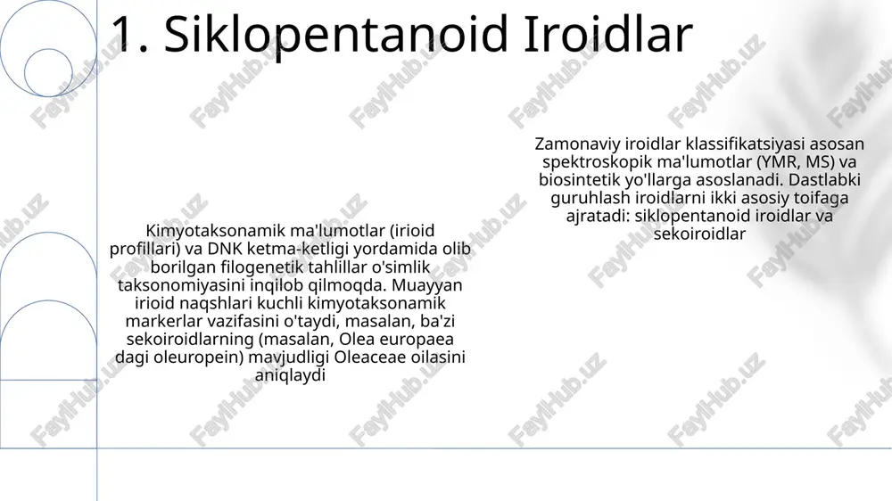 (masalan, plantago turkumidagi avkubin), antioksidant (masalan, gardenia jasminoides mevasidagi loganin) va sitotoksik ta'sirlarni (masalan, janubiy tinch okeanidagi morinda citrifolia dan olingan iridoid glikozidlari) namoyon qiladi 6. iridoidlarning biologik faoliyati oleuropein (zaytun daraxtining) kabi sekoiridoidlar muhim boʻlib, c-7/c-8 orasidagi yemirilish bilan ikkita alohida qismga ajraladi. keyingi tasniflash oksidlanish darajasi, ester/glikozidlarning mavjudligi va oʻrinbosarlarga asoslanadi, bu esa oʻrtayer dengizi mintaqalarida bioaktivlikka taʼsir qiladi. zamonaviy iroidlar klassifikatsiyasi filogenetik tahlillar, ximotaksonomik tadqiqotlar va biosintetik yo'llarga asoslanadi. guruhlash halqa sistemalariga (masalan, iridodial, sekoiroid) va s-1, s-3, s-6 va s-7 pozitsiyalarida o'rinbosarlarga asoslangan. asosiy klasslar iroidlar, sekoiroidlar va siklopentanoid monoterpenlarni o'z ichiga oladi. 3000 dan ortiq o'simlik turlarida, jumladan, gʻatiq (gentianaceae), valeriana (valerianaceae) va lonicera (caprifoliaceae) turlarida uchraydigan, turli xil biologik faollikka ega bo'lgan c₁₀-monoterpen hosilalari — iroid aglikonlar. 7. iridoid aglikonlari 8. sekoyridoidlar iridoidlar: monoterpenoid glikozidlar, c₁₀ yadro tuzilishi, oʻsimliklarda keng tarqalgan (masalan, valeriana officinalis, gentiana lutea), turli farmakologik xususiyatlarga ega (yalligʻlanishga qarshi, virusga qarshi). …