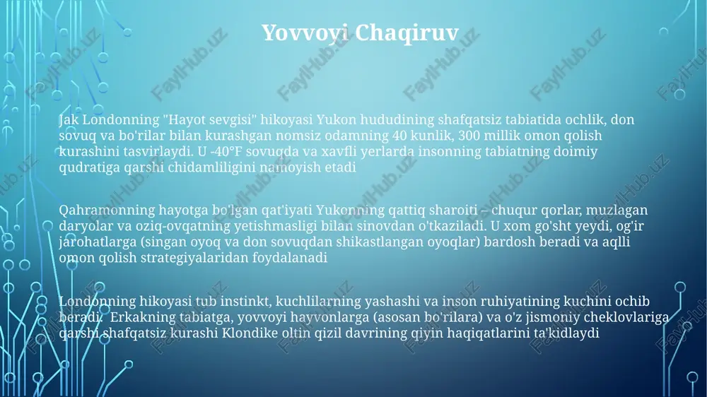 adi. insoniyatning zaifligi qissa insonning jismoniy cheklanganligini, qahramonning tanasi don sovuqdan, charchoqdan va ochlikdan yemirilishini ta'kidlaydi – har bir qiyinchilik inson tanasining haddan tashqari sharoitlarga nisbatan cheklangan chidamliligining dalilidir qahramonning umidsizlikka qarshi ichki kurashiga qaratilgan voqea hikoyasi, insonning qiyinchiliklar oldidagi psixologik zaifligini aks ettiradi. uning hayotga bo'lgan zaif irodasi aqliy chidamlilikning ahamiyatini ta'kidlab, yukon qishining shafqatsiz muhitida inson ruhiga xos bardoshlilik va zaiflikning kuchli misolini namoyish etadi. londonning "hayot sevgisi" qahramoni yukon hududining shafqatsiz tabiatida 320 km masofani bosib o'tishdagi qiyinchiliklarini tasvirlab, insonning zaifligini ko'rsatadi: -40°f sovuq, ochlik va bo'rilar kabi yirtqich hayvonlar tahdidi. bu insonning tabiat kuchlariga qarshi kurashidagi zaifligini ta'kidlaydi. iroda zafarini leni riefenstahlning 1935-yilda suratga olingan "irodani zafar qozonishi" hujjatli filmi (114 daqiqa) natsistlar propagandasi bo'lib, 1934-yilgi nyurnberg mitingini namoyish etadi. filmda havoviy suratlar va yaqin rejalar kabi yangi kinotexnika usullari natsistlar partiyasi va adolf gitlerni ulug'lash uchun ishlatilgan "iroda g'alabasi" va "hayot sevgisi" filmlari, mavzu jihatidan …