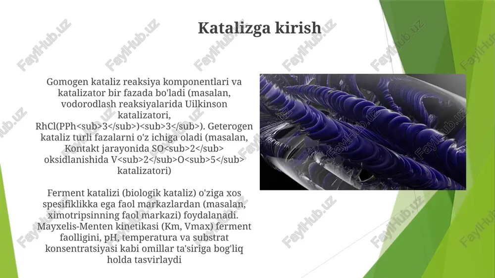 llosterik regulyatsiya ferment faolligini (masalan, atkaza'ning ktf inhibitsiyasi) alohida allosterik joylardagi konformatsion o'zgarishlar orqali modulyatsiya qiladi, substrat bilan bog'lanish affinitatiga (masalan, faol markazda michaelis-menten konstantasi km o'zgarishi) ta'sir qilib, reaksiya tezligiga ma'lum joylarda (masalan, jigardagi faol markazda) ta'sir qiladi ferment katalizi reaksiya tezligini (masalan, sukroza gidrolizi sukraza fermenti orqali) aktivlash energiyasini pasaytirish orqali tezlashtiradi fermentativ katalizning qo'llanilishi atrof-muhitni muhofaza qilishda peroksidazalar (masalan, xren peroksidazasi) kabi fermentlar ifloslantiruvchi moddalarni biotozalashda (masalan, aqsh va xitoydagi kanalizatsiya tozalash inshootlarida fenolning parchalashida) qo'llaniladi biodizel ishlab chiqarishda (masalan, yevropa ittifoqi, braziliya) candida antarctica lipaza b kabi fermentlardan foydalaniladigan sanoat fermentativ katalizi o'simlik yog'laridan 90% dan yuqori hosildorlikka erishib, an'anaviy kislota-asosli katalizdan samaradorligi va chiqindilarni kamaytirish jihatidan ustun turadi yaqinlik va yo'nalish ta'siri fermentativ katalizdagi yaqinlik va yo'nalish effektlari substratlarni (masalan, mitoxondriyadagi α-ketoglutarat degidrogenaza kompleksida 2-ketoglutarat) o'tish holatini shakllantirish uchun optimal holatga keltirish orqali reaksiya tezligini sezilarli darajada oshiradi, entropiya jazolarini kamaytiradi; masofa (≤ 10 å) …