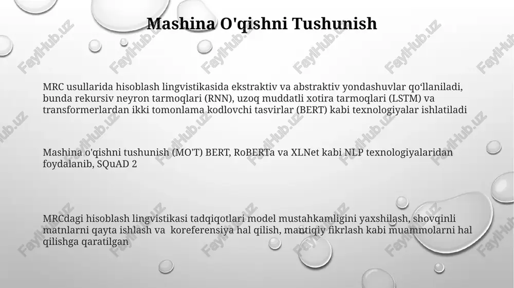 odlash (nur qidiruv kabi algoritmlar yordamida eng ehtimolli tarjima topish)ni o'z ichiga oladi. til modellashtirish (n-gram modellari) ravonlik uchun muhim ahamiyatga ega his-tuyg'u tahlili mavzu modellashtirish tahlil chuqur o'rganish texnologiyalari, xususan lstm va gru kabi takrorlanuvchi neyron tarmoqlari (rnn) hamda transformer-asosidagi modellarning (masalan, bert, roberta) qo'llanilishi tahlil aniqligini sezilarli darajada oshirdi zamonaviy sintaksis tahlilida ehtimolliklarga (masalan, n-gram modellari, hmm) asoslangan statistik usullar ustunlik qiladi va katta matn to'plamlaridan olingan mashq ma'lumotlariga tayanib sintaksis tuzilmalarini bashorat qiladi. maksimum ehtimollik baholash va bayes usullari bu ehtimollik modellari aniqlanadi hisoblash lingvistikasining asosiy vazifasi bo'lgan tahlil (parsing), kontekstsiz grammatiklar va pcfg kabi tarkibiy tahlil (constituency parsing) hamda maltparser va stanford parser kabi bog'liqlik tahlili (dependency parsing) usullaridan foydalanadi nomli subekti aniqlash qoida-asosli yondashuvlar, gazetteerlar (masalan, geonames kabi joylashuv ma'lumotlar bazalari) va lug'at qidiruvlari turli tillarda (masalan, ispan, xitoy) va sohalarda (masalan, biotibbiyot matnlari) ner samaradorligini yaxshilash uchun mashina o'rganish usullari bilan birlashtiriladi. chuqur o'rganish …