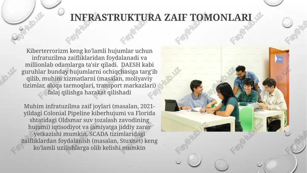 lini talab qildi, bu aqshning sharqiy qismida yoqilg'i ta'minotiga ta'sir qildi va energiya sektorining kiber-toxinning zaifligiga hamda kiberterrorizmning muhim xizmatlarga uzoq muddatli oqibatlariga e'tiborni qaratdi oldini olish va yumshatish strategiyasi kiberhujumlarga qarshi choralar rejalari (kxr) majburiy bo'lib, ular kiberhujumlarni bartaraf etish bo'yicha qadamlarni bayon etadi. ushbu rejalarning muntazam tekshiruvi va yangilanishi (stol usti mashqlari, simulyatsiyalar) zarur ko‘p qatlamli kiberxavfsizlik himoyasi (cisco, palo alto networks fayervollari, ids/ips, crowdstrike, sentinelone edr yechimlari) juda muhim huquqiy va axloqiy jihatlar kiberhujumlarni aniqlash juda qiyin; qonuniy choralar ko'rish uchun yetarli dalillarni (masalan, raqamli dalillarni saqlash zanjiri) to'plash yuqori texnik malakani talab qiladi kiberterrorizmga oid qonunchilik har xil davlatlarda turlicha (masalan, aqshning patriot akti, yevropa ittifoqining terrorizmga qarshi kurash to'g'risidagi direktivasi); geografik jihatdan tarqalgan hujumlar bir nechta davlatlarga ta'sir etgani sababli yurisdiksiya muammolari yuzaga keladi (masalan, stuxnet eron va aqshga ta'siri) xalqaro hamkorlik xalqaro kiberterrorizmga qarshi kurashda koʻp qirrali yondashuv zarur e'tiboringiz uchun rahmat @taqdimot_robot image3.png …