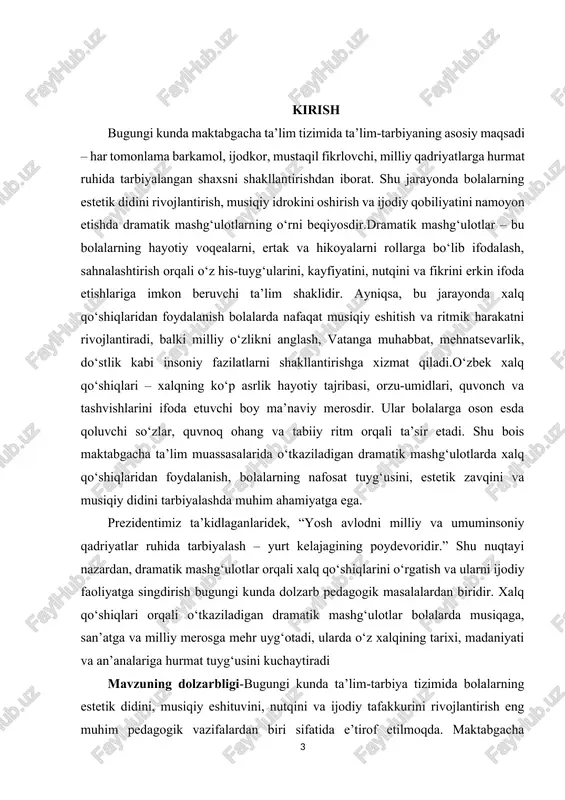 ingdirilib kelgan. shu bois xalq qo‘shiqlarini bolalarga yetkazish nafaqat musiqiy, balki axloqiy va estetik tarbiyaning muhim omilidir. kurs ishining maqsadi:dramatik mashg‘ulotlarda xalq qo‘shiqlaridan foydalanishning samarali usullarini aniqlash, ularning tarbiyaviy va estetik ahamiyatini yoritish. kurs ishining vazifalari: 1. dramatik mashg‘ulotlarning mazmuni va ahamiyatini o‘rganish; 2. xalq qo‘shiqlarining badiiy-tarbiyaviy xususiyatlarini tahlil qilish; 3. dramatik mashg‘ulotlarda xalq qo‘shiqlarini qo‘llashning metodik asoslarini ishlab chiqish; 4. amaliy mashg‘ulotlar orqali xalq qo‘shiqlarining bolalar rivojlanishiga ta’sirini o‘rganish. tadqiqot obyekti: maktabgacha ta’lim muassasalarida o‘tkaziladigan dramatik mashg‘ulotlar jarayoni. tadqiqot predmeti: dramatik mashg‘ulotlarda xalq qo‘shiqlaridan foydalanishning metodik usullari. kurs ishining metodologik asosi-o‘zbekiston respublikasida ta’lim-tarbiya tizimini takomillashtirish, milliy qadriyatlarni asrab-avaylash va ularni ta’lim jarayoniga singdirishga qaratilgan davlat siyosati hamda ilmiy-nazariy manbalarga tayanadi.so‘nggi yillarda mamlakatimizda maktabgacha ta’lim tizimi bosqichma-bosqich yangilanib, bolalarning har tomonlama rivojlanishiga, jumladan ularning estetik va ijodiy salohiyatini oshirishga alohida e’tibor qaratilmoqda. shu maqsadda yaratilgan me’yoriy-huquqiy hujjatlar va davlat dasturlari ushbu kurs ishining asosiy metodologik tayanchini tashkil etadi.metodologik yondashuv sifatida …