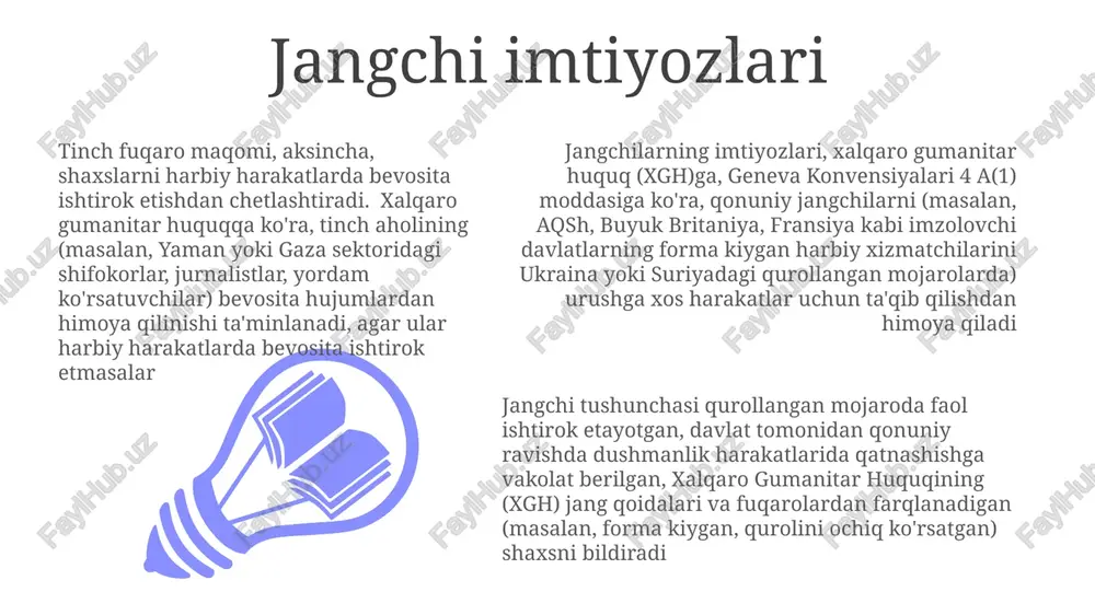 htirok etish (tthh) jangchilarni, ular faqat jangdan tashqarida bo'lganda huquqiy himoyaga ega bo'ladigan fuqarolardan ajratib turadi jangchi vs. noqonuniy jangchi jangchi maqomini aniqlashda dushmanlik harakatlarida ishtirok etish, qurollangan kuchlarga sodiqlik, forma kiyish kabi omillar baholanadi. turli armiyalarning (masalan, aqsh, isroil mudofaa kuchlari) jang qoidalari (jq) aniqlangan jangchilarga nisbatan, noqonuniy jangchilar yoki tinch aholiga nisbatan harakatlarni boshqaradi tinch aholisi (masalan, ukrainaning qishloq joylaridagi fermerlar, kiyevlik do'kon egalari, jahon bo'ylab mojarolar zonalaridagi yordam ko'rsatuvchilar) harbiy harakatlarda ishtirok etmaydi urush huquqi va urushga huquq urush huquqi (jib): 1. farqlash (jangchi va tinch aholisi, jeneva konvensiyalari, nishon olish qoidalari); 2. mutanosiblik (harbiy ustunlik va tinch aholining zararlari, hirosima/nagasaki munozarasi); 3. harbiy zarurat (ikkinchi jahon urushi davridagi rur vodiysi bombardimonlari); 4 adolatli urush (au): 1. adolatli sabab (oʻz-oʻzini himoya qilish, bmt hab 1973 liviya 2011); 2. qonuniy vakolat (masalan, aqsh kongressining urush eʼlon qilishi); 3. oxirgi chora; 4. muvaffaqiyat ehtimoli; 5. mutanosiblik (maqsadlar va zarar); …