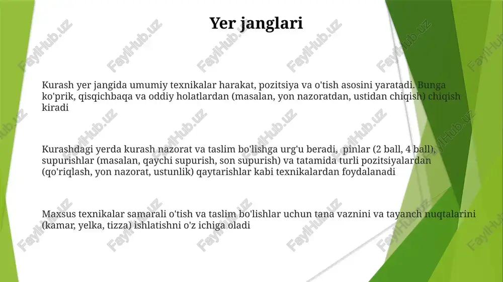 70% dan ortig'i (masalan, toshkentdagi jahon kurash chempionati) oyoqlarga, aniqrog'i, to'piq, tizza va son bo'g'imlariga qaratilgan, "kamar kesh" va "pa kesh" texnikalarini qo'llagan holda, qo'lni va harakatni ishlatadigan supurish harakatlaridan iborat. maxsus kurash uloq usullari, masalan, "ochir" (tez ichki oyoq uloqi) va "avar" (kuchli tashqi oyoq uloqi) aniq vaqt hissi va muvozanatni nazorat qilishni talab qiladi pinalar samarali ushlash uchun tana mexanikasi (vaznn o'tkazish, muvozanatni nazorat qilish), aniq ushlash va raqibning holatini samarali nazorat qilishni bilish zarur. murakkab ushlash texnikalari odatiy qochishlarga (masalan, ko'tarilish, yoyilish) qarshi choralarni o'z ichiga oladi kurashning umumiy texnikasini rivojlantirish boshlangʻich turishlar (masalan, tayyor turish, jang turishi), asosiy harakatlar (qadamlar, burilishlar) va himoya harakatlari (toʻsiqlar, qochishlar) orqali bosqichma-bosqich oʻrganishni talab qiladi kurashning yerga ag'darish usullari 30 dan ortiq variantni o'z ichiga oladi: oyoq bilan siljitish (15+), qo'l bo'g'ish (8+), va yelka orqali tashlash (7+), kamar, yeng va yoqa ushlash texnikalarini qo'llaydi turgan joydan otish maxsus kurash …
