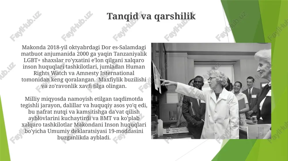 alangan. bahsli bayonotlar va harakatlar uning harakatlari, human rights watch va amnesty international kabi ko'plab inson huquqlari tashkilotlari tomonidan qoralangan bo'lib, tanzaniya hukumatiga salbiy xalqaro matbuot va diplomatik bosim o'tkazdi, 2010 va 2020-yillarda sharqiy afrikada so'z erkinligi va lgbtq+ jamoasi xavfsizligi haqida tashvishlarni kuchaytirdi. paul makonda, tanzaniya dar es salaam viloyat komissari, lgbt+ shaxslarga oid bahsli bayonotlar berib, 2018-yilda kamida 100 kishini qamash va inson huquqlarini buzishga olib keldi. meros va uzoq muddatli ta'sir dar es salaam va atrofdagi hududlardagi infratuzilma loyihalari tufayli yaim 15% o'sishi (2023-2028) prognoz qilingan. 5000 dan ortiq ish o'rni yaratilib, 10 ta kambag'al mahallaning oilalariga bevosita ta'sir ko'rsatgan. meros sifatida 8 ta viloyatda yangilangan ta'lim dasturi qabul qilingan. makonda 2023-yilgi mediaprezentatsiyasi 500 mingdan ortiq tanzaniyalik tomonidan ko'rilgan bo'lib, dar-es-salaamdagi infratuzilma rivojlanishidagi merosi, 30 ta yangi yo'l va 15 ta ta'mirlangan maktablarni ta'kidladi xulosa va kelajakdagi istiqbollar taqdimot dasturning 30 ta tuman bo'ylab ta'sirini saqlab qolish …