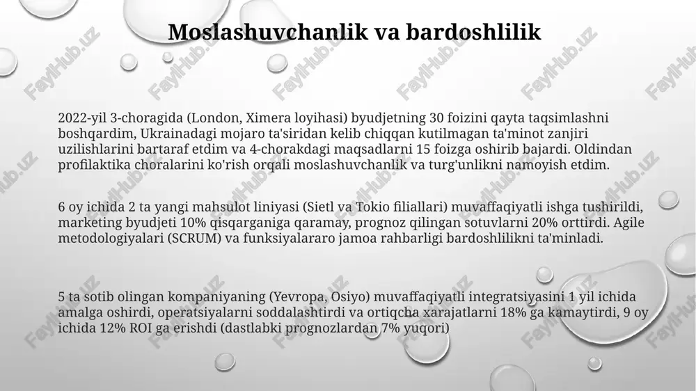 erish shartnomasi imzolandi va yevropa farmatsevtika sektoridagi bozor ulushi 10% ga oshdi. acme corp. (chikago, il) kompaniyasining 2021-2022 yillarda janubi-sharqiy osiyo bozoriga (vyetnam, tayland, filippin) strategik kirishi orqali raqamli marketing va 5 ta asosiy distribyutor bilan hamkorlikda yillik daromadini 35% ga oshirdi. aqshning shimoli-sharqiy hududida (nyu-york, boston) 3 ta yirik chakana savdo tarmog'ida (walmart, target, amazon) 6 oy ichida rentabellikni 15% ga oshirgan holda, 12 ta mahsulot liniyasi uchun yangi, ma'lumotlarga asoslangan narxlash strategiyasini ishlab chiqildi va joriy etildi. muammo yechish yetti uch tub sonlarni hisoblash va dinamik dasturlashni o'z ichiga olgan holda, 2 hafta muddat ichida 300 ta test holatida 98% aniqlikka erishildi. loyiha rahbarligi 8 kishilik jamoani boshqardim, berlin, germaniyada "aurora" dasturiy platformasini muddatida va 3 million dollarlik byudjet doirasida yetkazib berdim. 4 ta yevropa mamlakatiga platformani joylashtirib, 3 ta yirik texnik muammoni muvaffaqiyatli hal qildim globaltech'da 5 ta ko'p tarmoqli guruhga (har birida 12-15 kishi) rahbarlik qilib, …