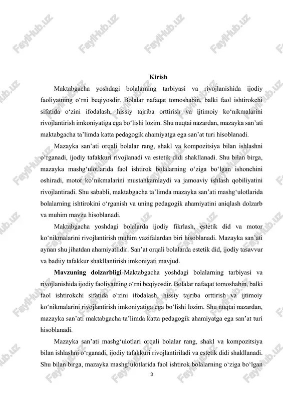 rs ishining vazifalari 1. mazayka san’atining pedagogik ahamiyatini aniqlash. 2. bolalarda ijodiy fikrlash va estetik didni rivojlantirish usullarini o‘rganish. 3. mazayka san’ati mashg‘ulotlarini rejalashtirish va tashkil etish metodlarini tadqiq etish. 4. amaliy tadqiqotlar orqali bolalarning mazayka mashg‘ulotlaridagi faol ishtirokini tahlil qilish. 5. olingan natijalar asosida pedagogik tavsiyalar ishlab chiqish. kurs ishining obyekti-maktabgacha yoshdagi bolalarning mazayka san’atidagi ijodiy faoliyati. kurs ishining predmeti-mazayka san’ati mashg‘ulotlarida bolalarning ijodiy faoliyatini tashkil etish va uning pedagogik ahamiyati. kurs ishining metodologik asosi-pedagogika va maktabgacha ta’lim nazariyasi, bolalar psixologiyasi, ijodiy va badiiy faoliyatni rivojlantirish metodlari. tadqiqotda kuzatuv, suhbat, eksperiment va amaliy mashg‘ulotlar metodlaridan foydalaniladi. shuningdek, o‘zbekiston respublikasi ta’lim qonunchiligi va maktabgacha ta’lim dasturlari ham metodologik asos sifatida hisobga olingan. i bob: maktabgacha talim tashkilotida mazayka san'atining ahamiyatining ilmiy adabiyotlardagi tahlili 1.1. mazayka san’ati tushunchasi va tarixi mazayka san’ati – bu kichik rangli bo‘laklar (toshlardan, shisha yoki keramika qismlaridan) yordamida kompozitsiyalar yaratish san’ati hisoblanadi. mazaykalar yordamida tasvirlar, naqshlar …