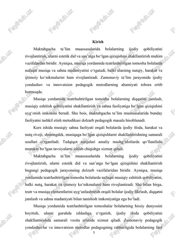 obiliyatini shakllantirish va sahna faoliyatiga qiziqishini uyg‘otish talab qilinadi. shu sababli, musiqa yordamida teatr tomoshasini tashkil etish metodikasi dolzarb mavzu sifatida ajralib turadi. kurs ishining maqsadi – maktabgacha yoshdagi bolalarda musiqa yordamida teatrlashtirilgan tomosha orqali ijodiy faoliyatni rivojlantirish usullarini tadqiq etish va samarali pedagogik metodlarni aniqlashdir. kurs ishining vazifalari 1. musiqa va teatr faoliyati o‘rtasidagi pedagogik bog‘liqlikni aniqlash. 2. maktabgacha yoshdagi bolalarda ijodiy ifoda va musiqiy didni shakllantirish usullarini o‘rganish. 3. musiqa yordamida teatrlashtirilgan tomosha jarayonini tashkil etish bosqichlarini tahlil qilish. 4. amaliy mashg‘ulotlar orqali bolalarning ijodiy faolligini baholash va natijalarni umumlashtirish. kurs ishining obyekti – maktabgacha yoshdagi bolalarda ijodiy faoliyat va musiqiy-estetik rivojlanish jarayonidir. ushbu jarayon bolalarning musiqaga bo‘lgan qiziqishi, sahnadagi ijodiy ifodasi va teatrlashtirilgan tomosha orqali shakllanadi. obyekt sifatida, maktabgacha ta’lim muassasalarida musiqa yordamida tashkil etiladigan teatrlashtirilgan mashg‘ulotlar va tomoshalar o‘rganiladi. kurs ishining predmeti – maktabgacha yoshdagi bolalarda musiqa yordamida teatrlashtirilgan tomosha jarayonida ijodiy faollikni shakllantirish usullari va …