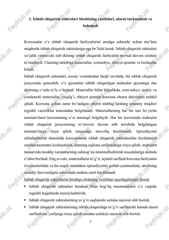 dan nazoratni kuchaytirish, ularning oqilona sarflanishiga rioya qilish, mahsulot tannarxida moddiy xarajatlarning salmog’ini minimallashtirish masalalariga alohida e’tibor beriladi. eng avvalo, materiallarni to’g’ri, tejamli sarflash korxona faoliyatini rivojlantirishda va bu orqali mamlakat iqtisodiyotini gullab-yashnashida, aholining moddiy farovonligini oshirishda muhim omil hisoblanadi. ishlab chiqarish zahiralarini hisobga olishning vazifalari quyidagilardan iborat: · ishlab chiqarish zahiralari harakati bilan bog’liq muomalalarni o’z vaqtida tegishli hujjatlarda rasmiylashtirish; · ishlab chiqarish zahiralarining to’g’ri saqlanishi ustidan nazorat olib borish; · ishlab chiqarish zahiralarining ishlab chiqarishga to’g’ri sarflanishi hamda ularni sarflash me’yorlariga rioya qilish ustidan uzluksiz nazorat olib borish; · mahsulot tannarxini hisoblashda sarflangan materiallarni kalkulyatsiya ob’ektlari o’rtasida to’g’ri taqsimlash. korxonada ishlab chiqarish zahiralarini hisobga olishni yengillashtirish va uning samaradorligini oshirish maqsadida ularni turkumlash maqsadga muvofiq hisoblanadi. ishlab chiqarish zahiralari ulardan foydalanishning iqtisodiy mazmuniga ko’ra quyidagi guruhlarga bo’linadi: · xom-ashyo - mahsulotning moddiy asosini tashkil etadigan mehnat ashyolaridir. masalan, paxta, ruda va boshqalar; · materiallar - xom-ashyoga ta’sir etish …