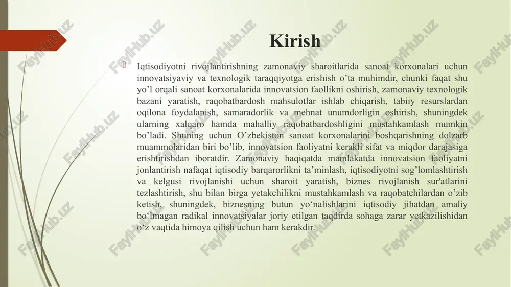 qarish jarayonlari, shu jumladan rejalar va chizmalarni, texnik spetsifikatsiyalar va boshqalar dizayni va ishlab chiqish; tashkiliy yangiliklar — menejment tizimini takomillashtirish; amalga oshirilgan texnologiyalar — oʻz texnologik maqsadiga koʻra texnologik va boshqa innovatsiyalarni joriy etish bilan bogʻliq boʻlgan mashina va uskunalar sotib olish; innovatsion faoliyat turlari va shakllari ixtirolar, sanoat namunalari, foydali modellardan foydalanish, nou-xauni oshkor qilish, shuningdek texnologik mazmundagi xizmatlardan foydalanish uchun patent, litsenziyalar (shartnomalar) shaklidagi amalga oshirilmagan texnologiyalarni xarid qilish; texnologik innovatsiyalarni amalga oshirish bilan bogʻliq dasturiy vositalarni xarid qilish; xodimlarni oʻqitish, tayyorlash va qayta tayyorlash; marketing innovatsiyalari — mahsulotlar dizayni va qadogʻidagi muhim oʻzgarishlarni oʻz ichiga olgan yangi yoki sezilarli darajada yaxshilangan marketing usullarini amalga oshirish, mahsulot (xizmatlar) ni sotish va taqdimoti, ularni marketing bozorlarida taqdim etish va targʻib qilish, yangi narx strategiyalarini shakllantirishning yangi usullarini qoʻllash. innovatsion faoliyati ishlab chiqarilayotgan mahsulotlar (tovarlar, xizmatlar) nomenklaturasini kengaytirish va yangilash va sifatini yaxshilash, ularni tayyorlash, keyinchalik ichki va xorijiy …