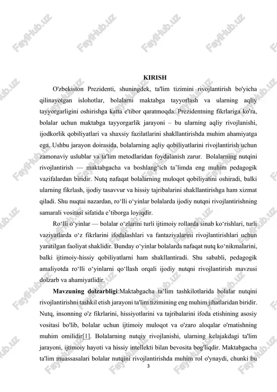 ni inobatga olgan holda ta'lim jarayonini tashkil etishlari zarur. ota-onalar esa bolalarining nutqiy rivojlanishini qo'llab-quvvatlashda muhim rol o'ynaydilar. ular bolalari bilan muloqot qilish, o'yinlar o'ynash va kitoblar o'qish orqali nutq ko'nikmalarini rivojlantirishda faol ishtirok etishlari kerak. nutqni rivojlantirishda interaktiv o'yinlar, hikoya aytish, musiqiy faoliyatlar va audiovizual materiallardan foydalanish samarali usullar hisoblanadi. ushbu metodlar bolalarning qiziqishini oshirib, ta'lim jarayonini yanada qiziqarli va samarali qiladi. nutq rivojlanishi bolalarning o'z-o'zini anglashlariga, o'z fikrlarini ifoda etishlariga va ijtimoiy ko'nikmalarini oshirishga yordam beradi. maktabgacha taʼlim tashkilotlarida bolalar nutqini rivojlantirishni tashkil etish jarayoni ta'lim tizimini yanada samarali qilish va bolalarni kelajakdagi muvaffaqiyatli shaxslar sifatida tayyorlashga xizmat qiladi. shu sababli, ushbu jarayonni yanada takomillashtirish va innovatsion yondashuvlarni qo'llash zarur. nutqni rivojlantirish borasidagi tadbirlar, faoliyatlar va metodikalar bolalar uchun muhim ahamiyatga ega bo'lib, ularning kelajakdagi hayotida katta rol o'ynaydi. bu jarayonda har bir tarbiyachining va ota-onaning o'zaro hamkorligi, samimiy muloqoti va bolalarga qiziqarli va foydali faoliyatlar taklif etishi …