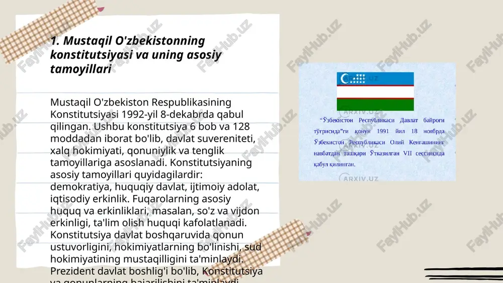 hujjat hisoblanadi. 2021-yilda qabul qilingan islohotlar, masalan, jinoiy jazolarni yengillashtirish va alternativ choralarni joriy etish orqali tizimni liberallashtirishga qaratilgan. 2018-2023-yillar davomida o'zbekistonda yana 50 dan ortiq qonunlarga o'zgartirishlar kiritilgan. sud tizimini modernizatsiya qilish, inson huquqlarini mustahkamlash va korrupsiyaga qarshi kurash ham muhim islohotlardan hisoblanadi. 2022-yilda mamlakatda jinoyatchilik darajasi 8,5 foizga kamaygan. bu islohotlar fuqarolarning huquqiy himoyasini kuchaytirishni ko'zda tutadi. ... t.me/slaydai_bot o'zbekistonda ma'muriy huquq davlat boshqaruvi va tashkil etilishiga oid normalarni belgilaydi. 1992-yil 8-dekabrda qabul qilingan o'zbekiston respublikasi konstitutsiyasi ma'muriy huquqni tartibga soluvchi asosiy huquqiy manba hisoblanadi. ma'muriy qoidabuzarliklar to'g'risidagi kodeks 1994-yilda tasdiqlangan. kodeksda ma'muriy javobgarlik, qoidabuzarliklar va jazolar tasnifi berilgan. 1991-yildan buyon ma'muriy tuzilishlar va islohotlar amalga oshirilib, davlat boshqaruvi samaradorligini oshirishga qaratilgan. o'zbekistonda davlat xizmatidagi mansabdor shaxslar soni 300 mingdan oshiqni tashkil etadi. har yili minglab ma'muriy ishlar mahalliy ma'muriy organlar va sudlarda ko'rib chiqiladi. ... t.me/slaydai_bot 7. iqtisodiy huquq va tadbirkorlik huquqi "iqtisodiy huquq va tadbirkorlik huquqi" …