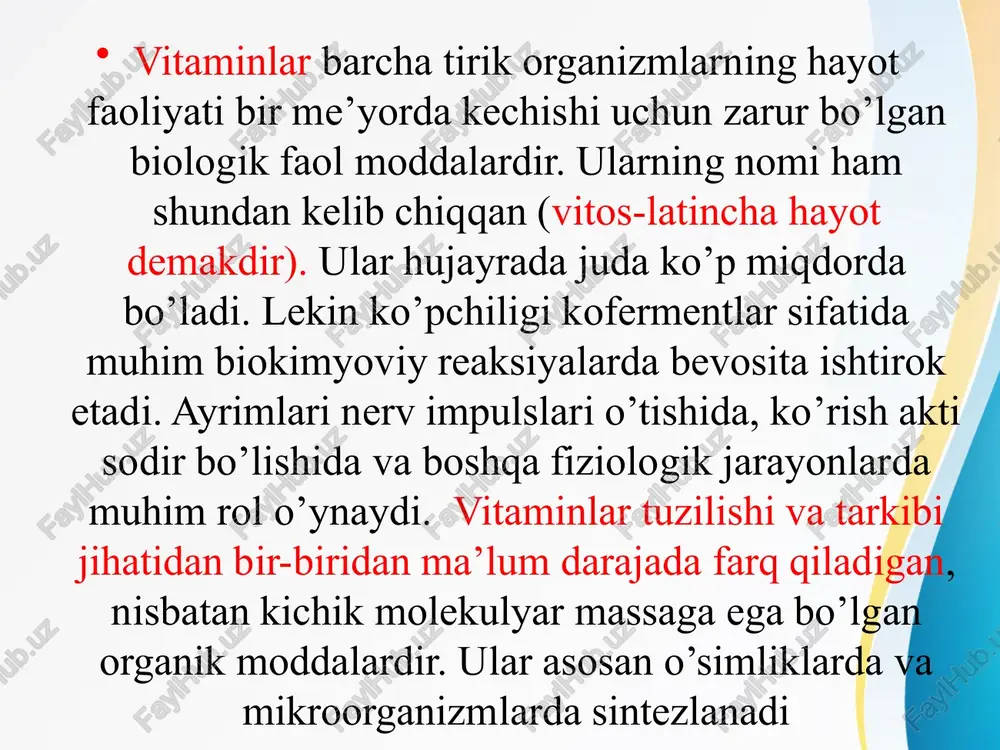 b olingan. kimyoviy tuzilishi 1931 yili p.karrer tomonidan isbotlangan. 1947 yili issler sintezini amalga oshirgan. adabiyotda retinol yoki akseroftol sinonimlari ham ishlatiladi. katta sog’lom odamlarning jigarida ikki yillik zahira to’planadi, ammo chaqaloqlarga oziq-ovqat bilan kiritilishi zarur. a vitaminining ahamityati juda katta: u yetishmaganda bolalar o’smay qoladi, mns to’qimalari zararlanadi, ko’z ko’rish faoliyati pasayadi. vitamin a, a1, a2 lar ko’rish jarayonida katta rol o’ynaydi. ular asosida ko’rish jarayonini namoyon etuvchi rodopsin moddasining rotinal qismi hosil bo’ladi. ammo a gipervitaminozi ham xavfli – suyaklarni mo’rtligiga olib keladi. a vitamin kimyoviy jihatdan to’yinmagan halaqali bir atomli birlamchi spirtdir. uning fiziologik faol ikkita vitameri –a1 va a2 ma’lum.a vitaminning tarkibi β-ionon halqa, ikkita izopren qoldiq va birlamchi spirt guruhidan tarkib topgan: a vitamini a1 vitamini a2 vitamini a1 va a2 vitaminlar och sariq rangli kristall moddalar bo’lib suvda erimaydi, lekin yog`da va organik erituvchilarda yaxshi eriydi. ular tarkibida qo’shbog’ bo’lganligi uchin odatdagi sharoitda ancha …