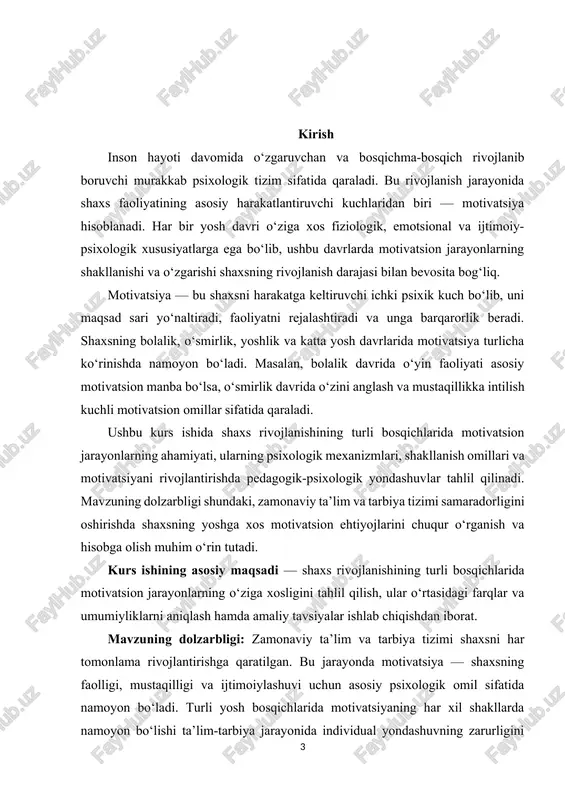 xologik rivojlanish jarayoni. kurs ishining:shaxs rivojlanishining turli davrlarida yuzaga keladigan motivatsion jarayonlar va ularning psixologik xususiyatlari. kurs ishining amaliy ahamiyati: ushbu tadqiqot natijalari pedagoglar, psixologlar va ota-onalar uchun shaxs motivatsiyasini aniqlash va rivojlantirishda foydali bo‘lishi mumkin. u yoshga mos individual yondashuvlarni ishlab chiqish va ta’lim-tarbiya jarayonini samarali tashkil qilishda amaliy yordam beradi. kurs ishining ilmiy farazi: agar shaxsning har bir yosh davridagi motivatsion ehtiyojlari va ularning rivojlanish mexanizmlari aniqlansa, unga mos psixologik-pedagogik yondashuvlar orqali shaxsning rivojlanishiga ijobiy ta’sir ko‘rsatish mumkin bo‘ladi. i bob: shaxs rivojlanishining turli davrlarida motivatsion jarayonning ahamiyatlarining ilmiy adabiyotlardagi tahlili 1.1. shaxs faoliyatida motivatsiyaning ilmiy-nazariy psixologik tahlili har bir inson o‘z maqsadlari yo‘lidagi ko‘plab to‘siqlarni yengib o‘tadi, muayyan muammo va vazifalarni hal qilish yo‘llarini rejalashtiradi va o‘ylaydi. faol hayotiy pozitsiya, har tomonlama rivojlanishga intilish va shaxsiy o‘sish odamlarda bir xil darajada namoyon bo‘lmaydi va bu farqni tushunishning kaliti motivatsiyadir. o‘zingizni va boshqalarni rag‘batlantirish nimani anglatishini va motivatsiyani …