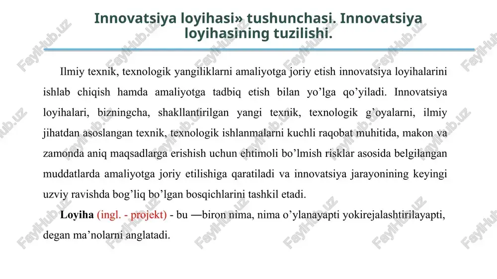 3. ilmiy-texnik loyihalarda axborot investitsiyaviy loyihalarga qaraganda ko’proq cheklanganligi va mos emasligi bilan farq qiladi. bu esa mustaqil ekspertlarning loyihalarini baholash bo’yicha fikrlarini korrelyatsiyalashni nihoyatda qiyinlashtiradi; 4. innovatsiya loyihalari ko’p mezonliligi va yuqori darajali mavhumliligi bilangina farq qilmasdan, balki sifatli baholash bo’yicha ham farqlanadi. bizning nazarimizda, har qanday innovatsiya loyihasi uch tomonlama, ya’ni birinchidan, innovatsiya loyihasini tadbiq etish uchun zarur bo’lgan turli moliyaviy resurslar narxlari bilan, ikkinchidan, jami safarbar etiladigan kapital qiymati, bozor munosabatlari talabidan kelib chiqib, tadbiq etilish vaqt birligi bilan, uchinchidan, qo’yilgan maqsadga erishish ichki kuchi bilan cheklanadi. bular bilan bir qatorda innovatsiya loyihalari tadbiq etilishi jarayonida ehtimoli bo’lmish risklarni boshqarishni ham talab etadi. har qanday investitsiya loyihalari kabi innovatsiya loyihalari to’rt bosqichdan iborat bo’lmish hayotiy tsiklga, ya’ni investitsiya oldi, investitsiya va ekspluatatsiya hamda likvidatsiya (tugallanish) bosqichlaridan iborat hayotiy tsikllarga egadirlar. innovatsiya loyihasi xususiyatlariga qarab, qayd etilgan to’rt bosqichda investitsiyalar turli nisbatda shakllanadi va turli manbalar hisobiga moliyalashtiriladi. …