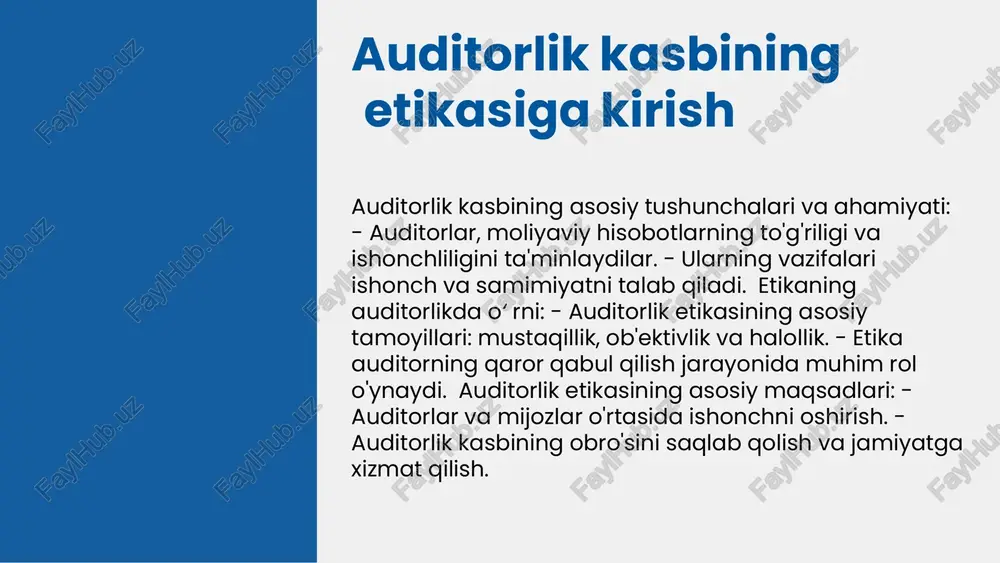 ik etikasini rivojlantirish yo‘llari auditorlik etikasini yaxshilash strategiyalari, auditorlik sohasining rivojlanishi uchun muhim ahamiyatga ega. bu strategiyalarga ishonchni oshirish, shaffoflikni ta'minlash va auditorlarning professional mas'uliyatini kuchaytirish kiradi. odatda, auditorlik kasbida yuqori etik standartlarga erishish uchun keng qamrovli yondashuvlar talab etiladi. auditorlar uchun etika bo‘yicha treninglar, ularning professional faoliyatida muhim rol o‘ynaydi. bunday treninglar auditorlarga qiyin vaziyatlarda to‘g‘ri qarorlar qabul qilishda yordam beradi va ularning ishiga ijobiy ta'sir ko‘rsatadi. treninglar orqali auditorlar etik tamoyillarni yanada chuqurroq tushunishlari va amaliyotda qo‘llashlari mumkin. auditorlik etikasini rivojlantirishda xalqaro tajriba juda muhim ahamiyatga ega. turli mamlakatlarning auditorlik etikasiga oid tajribalarini o‘rganish, eng yaxshi amaliyotlarni qo‘llash va global standartlarga moslashish auditorlik sohasidagi etika darajasini oshirishda yordam beradi. auditorlar uchun etik tamoyillar auditorlar uchun etik tamoyillar quyidagi asosiy tamoyillarni o'z ichiga oladi: - **halollik**: auditorlar o'z faoliyatlarida halol va to'g'ri bo'lishlari, har qanday noaniqlik yoki buzilishlarni ochiqlashlari zarur. - **obyektivlik**: auditorlar mustaqil fikrlashlari va har qanday shaxsiy …