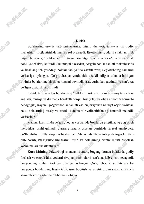 tik hissiyot va didni rivojlantirishda qo‘g‘irchoqlar san’ati asosida tashkil etilgan mashg‘ulotlardan tizimli va kompleks foydalanilsa, unda bolalarning hissiy tajribasi, tasavvur va ijodiy qobiliyati aniq va samarali rivojlantirilishi mumkin. estetik tarbiya bolalarning hissiy dunyosi, tasavvur, did va ijodiy fikrlashini shakllantirishda muhim rol o‘ynaydi. qo‘g‘irchoqlar san’ati esa bu jarayonda bolalarning estetik hissiyotlarini uyg‘otish va ularni san’atga qiziqtirishning samarali vositasi hisoblanadi. shu bois, qo‘g‘irchoqlar yordamida tashkil etilgan mashg‘ulotlar nafaqat bolalarda hissiy tajribani boyitadi, balki ularning tasavvur va ijodiy qobiliyatlarini rivojlantirishga xizmat qiladi. ushbu kurs ishining tarkibiy tuzilishi: ushbu kurs ishi kirish, 2 bob, 7 boʻlim, xulosa va foydalanilgan adabiyotlar roʻyxatidan iborat. i bob: qoʻgʻirchoqlar yordamida estetik zavq uygʻotishning ilmiy adabiyotlardagi tahlili 1.1. qoʻgʻirchoq san’atining tarixi va rivojlanishi qo‘g‘irchoq san’ati insoniyat tarixida qadimdan mavjud bo‘lgan ijodiy va pedagogik vositalardan biridir. dastlabki davrlarda qo‘g‘irchoqlar asosan diniy marosimlar, mifologik hikoyalar va ramziy obrazlarni namoyish etish vositasi sifatida ishlatilgan. misol uchun, qadimgi misr va xitoyda qo‘g‘irchoqlar diniy …