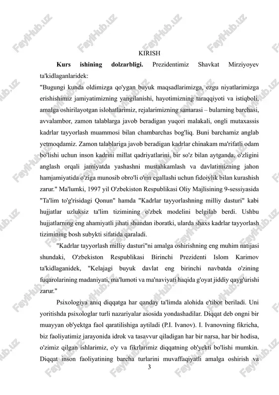 juda ko'p tashqi qo'zg'ovchilar ta'sir qiladi, va odamda har xil turli ehtiyojlar mavjud. shaxs uchun har xil ahamiyatga ega bo'lgan tashqi qo'zg'atuvchilarning o'zaro munosabati psixik faoliyatning tanlovchilik tabiati orqali ifodalanadi. ma'lum bir ob'ektni maqsadli tanlash diqqatning ishtiroki bilan amalga oshadi. diqqat psixik faoliyatning yo'naltirilishi va shaxs uchun ma'lum ahamiyatga ega bo'lgan ob'ekt ustida to'planishi bilan bog'liq bo'lgan bilish jarayonidir. yo'naltirilish deganda, psixik faoliyatning tanlovchilik tabiati, ob'ektni ixtiyoriy va beixtiyoriy tanlash tushuniladi. misol uchun, o'quvchi maktabda o'qituvchi gapirayotgan gaplarni eshitib o'tirganida, u shu eshitib o'tirish faoliyatini ongli ravishda tanlab olgan bo'ladi, va uning diqgati shu maqsadga bo'ysundir. o'quvchining biron boshqa narsaga chalg'imasdan o'quv materialining mazmuniga zehn qo'yib o'tishi, uning psixik faoliyatining yo'nalishini ifodalaydi. psixik faoliyatning yo'naltirilishi deganda, faqatgina tanlash emas, balki tanlangan faoliyatni saqlab qolish va qo'llab-quvvatlash tushuniladi. o'quvchilarning diqqatini jalb qilish qiyinligini har qanday pedagog biladi. buning uchun maxsus pedagogik usullardan foydalanish zarur bo'ladi. diqqatning bir joyga to'planishi deganda, mazkur …