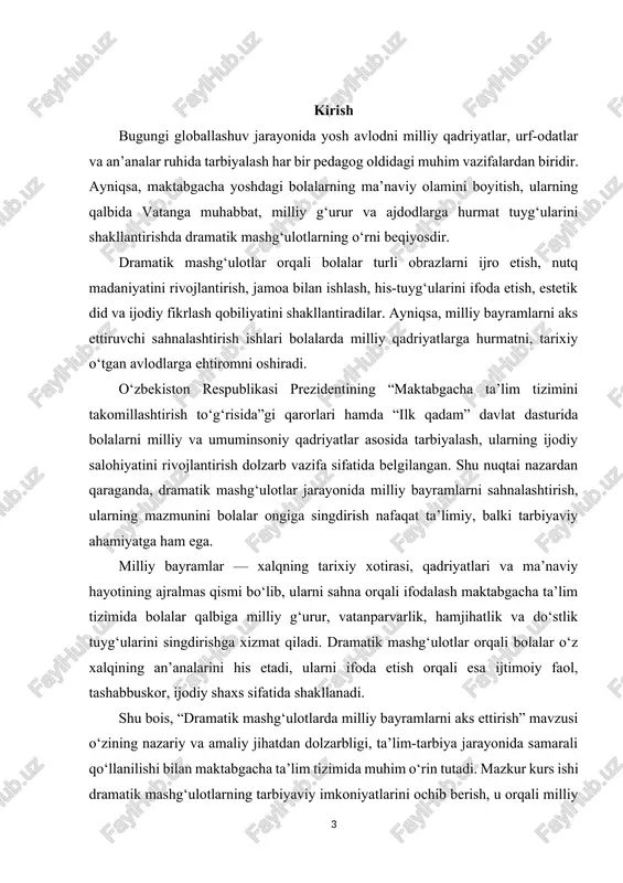 iy va madaniy qadriyatlarini o‘rganadilar, balki ularni amaliy faoliyat jarayonida ifodalashni ham o‘zlashtiradilar. shuningdek, dramatik mashg‘ulotlar jarayonida bolalarda jamoaviylik, sahnada erkin harakatlanish, ijodiy fikrlash, estetik did va kommunikativ ko‘nikmalar rivojlanadi. o‘zbekiston respublikasi prezidentining “maktabgacha ta’lim tizimini yanada takomillashtirish to‘g‘risidagi qarorlari” hamda “ilk qadam” davlat dasturi mazkur yo‘nalishda ta’lim-tarbiya ishlarini milliy qadriyatlar asosida tashkil etish zarurligini ta’kidlaydi. shu boisdan, dramatik mashg‘ulotlarda milliy bayramlarni aks ettirishning pedagogik va metodik asoslarini chuqur o‘rganish dolzarb masalalardan biridir. kurs ishining maqsadi- maktabgacha ta’lim muassasalarida dramatik mashg‘ulotlar orqali milliy bayramlarni sahnalashtirishning tarbiyaviy, estetik va ma’naviy ahamiyatini ochib berish, bolalarda milliy qadriyatlarga hurmat va vatanparvarlik tuyg‘usini shakllantirish yo‘llarini asoslab berish. kurs ishining vazifalari 1. maktabgacha ta’limda dramatik mashg‘ulotlarning o‘rni va ahamiyatini ilmiy-nazariy jihatdan tahlil qilish. 2. milliy bayramlarning tarbiyaviy mazmuni va ularni bolalar ongiga singdirish usullarini aniqlash. 3. dramatik mashg‘ulotlarda milliy libos, xalq musiqasi va o‘yinlardan foydalanishning samarali usullarini o‘rganish. 4. tarbiyachining rahbarlik faoliyati orqali bolalarda milliy …