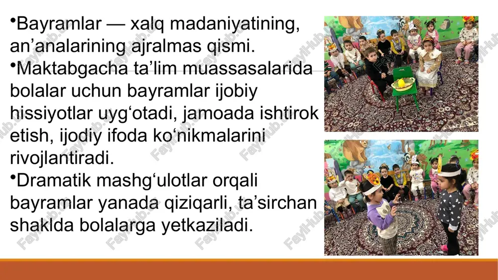 yorlov jarayoni ko‘p vaqt talab qiladi ⚠ rolloarning noto‘g‘ri taqsimlanishi ayrim bolalarda norozilik uyg‘otadi ⚠ tarbiyachi ijodiy yondashmasa, tadbir zerikarli bo‘lib qoladi tavsiyalar dramatik mashg‘ulotlar mavzusi bolalarning yoshiga mos bo‘lishi kerak. har bir bayramda bolalarning faol ishtiroki ta’minlanadi. musiqa, qo‘shiq, harakat, nutq va sahna ifodasi uyg‘unlashtiriladi. mashg‘ulotdan so‘ng bolalar bilan his-tuyg‘ular haqida suhbat o‘tkaziladi. bayramlar orqali tashkil etilgan dramatik mashg‘ulotlar bolalar tarbiyasining samarali shaklidir. ular orqali bola ijodkor, quvnoq, milliy qadriyatlarga sadoqatli shaxs sifatida kamol topadi. dramatik mashg‘ulotlar – tarbiya, san’at va o‘yin uyg‘unligining eng go‘zal ko‘rinishi. xulosa: dramatik mashg‘ulotlarda bayramlarni aks ettirish bolalar tarbiyasida katta ahamiyatga ega bo‘lgan ijodiy jarayondir. bunday mashg‘ulotlar orqali bolalar milliy bayramlar mazmunini chuqur anglaydilar, ularning qalbida vatanparvarlik, mehr-shafqat, do‘stlik, hurmat kabi ijobiy his-tuyg‘ular shakllanadi. dramatik o‘yinlar bolalarning sahna madaniyati, nutq ifodasi, hissiy sezgirligi va jamoaviylik ko‘nikmalarini rivojlantiradi. tarbiyachi bu jarayonda rahbar, yo‘naltiruvchi va ilhom manbai sifatida muhim rol o‘ynaydi. shu bois dramatik mashg‘ulotlar yordamida …