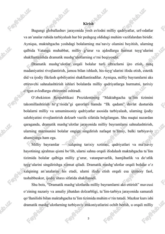 ilar, balki ularni amaliy faoliyat jarayonida ifodalashni ham o‘zlashtiradilar. shuningdek, dramatik mashg‘ulotlar jarayonida bolalarda jamoaviylik, sahnada erkin harakatlanish, ijodiy fikrlash, estetik did va kommunikativ ko‘nikmalar rivojlanadi. o‘zbekiston respublikasi prezidentining “maktabgacha ta’lim tizimini yanada takomillashtirish to‘g‘risidagi qarorlari” hamda “ilk qadam” davlat dasturi mazkur yo‘nalishda ta’lim-tarbiya ishlarini milliy qadriyatlar asosida tashkil etish zarurligini ta’kidlaydi. shu boisdan, dramatik mashg‘ulotlarda milliy bayramlarni aks ettirishning pedagogik va metodik asoslarini chuqur o‘rganish dolzarb masalalardan biridir. kurs ishining maqsadi- maktabgacha ta’lim muassasalarida dramatik mashg‘ulotlar orqali milliy bayramlarni sahnalashtirishning tarbiyaviy, estetik va ma’naviy ahamiyatini ochib berish, bolalarda milliy qadriyatlarga hurmat va vatanparvarlik tuyg‘usini shakllantirish yo‘llarini asoslab berish. kurs ishining vazifalari 1. maktabgacha ta’limda dramatik mashg‘ulotlarning o‘rni va ahamiyatini ilmiy-nazariy jihatdan tahlil qilish. 2. milliy bayramlarning tarbiyaviy mazmuni va ularni bolalar ongiga singdirish usullarini aniqlash. 3. dramatik mashg‘ulotlarda milliy libos, xalq musiqasi va o‘yinlardan foydalanishning samarali usullarini o‘rganish. 4. tarbiyachining rahbarlik faoliyati orqali bolalarda milliy g‘urur va jamoaviylikni rivojlantirish …