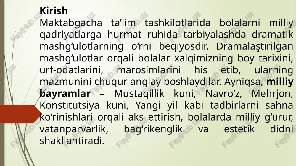 da his qiladilar. masalan, navro‘z bayrami dramatik mashg‘ulotlarda “bahor keldi”, “sumalak pishdi” kabi sahnalar orqali jonlanadi. mustaqillik kuni, konstitutsiya kuni yoki ona tili kuni kabi tadbirlar esa bolalarda vatanparvarlik va g‘urur tuyg‘usini kuchaytiradi. bunday mashg‘ulotlarda tarbiyachi bolalarga rollarni taqsimlaydi, sahna madaniyatini o‘rgatadi va milliy liboslar, qo‘shiqlar, raqslar yordamida bayram muhitini yaratadi. natijada bolalarda estetik zavq, jamoaviylik, ifodali nutq va milliy o‘zlik hissi shakllanadi. navro‘z bayramini dramatik mashg‘ulotlarda aks ettirish navro‘z – xalqimizning eng qadimiy va sevimli bayramlaridan biri. u tabiat uyg‘onishi, yangilanish, ezgulik va mehr-muhabbat timsolidir. dramatik mashg‘ulotlarda quyidagi ko‘rinishlar sahnalashtirilishi mumkin: “bahorning kirib kelishi” (tabiat obrazlari – quyosh, yomg‘ir, gullar, qushlar); “sumalak pishirish” (ona va bolalar ishtirokida); “navro‘z sayli” (milliy o‘yinlar, raqslar, qo‘shiqlar bilan). bunday mashg‘ulotlarda bolalar milliy liboslarda ishtirok etib, xalq an’analarini his etadilar va milliy ruh bilan to‘lishadilar. afzalliklar: bolalarda milliy o‘zlikni anglash va vatanparvarlik hissi shakllanadi; jamoada ishlash, hamkorlik va ijodiy ifoda qobiliyati rivojlanadi; sahna orqali …