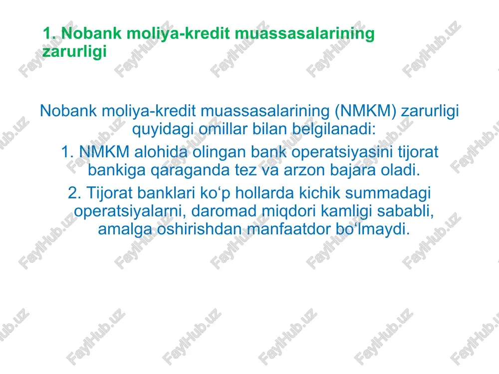 redit berish; jismoniy shaxslarga mikroqarz summasidan oshmaydigan miqdorda kreditlar va kafolatlar berish, islomiy moliyalashtirishga oid xizmatlar ko'rsatish; tadbirkorlik sub'ektlariga mikrokredit summasidan oshmaydigan miqdorda lizing va kafolatlar berish, faktoring xizmatlari hamda islomiy moliyalashtirishga oid xizmatlar ko'rsatish.banklar, mikromoliya va to'lov tashkilotlari, shuningdek mikroqarzlar berishga oid qism bo'yicha lombardlar mikromoliyalashtirish faoliyatini amalga oshirishga haqli. nobank kredit tashkilotlari quyidagilarga haqli emas: bevosita ishlab chiqarish, sug'urta, shuningdek savdo faoliyatini amalga oshirishga, bundan islomiy moliyalashtirishga oid xizmatlar ko'rsatuvchi mikromoliya tashkilotlari mustasno va qonunda nazarda tutilmagan boshqa faoliyatni amalga oshirishga; jismoniy va yuridik shaxslardan omonatlarni (depozitlarni) jalb etishga; jismoniy shaxs bo'lgan ishtirokchilardan (aktsiyadorlardan) ustav fondiga (ustav kapitaliga) kiritilgan hissa summasidan yoki ularning egaligidagi aktsiyalarning nominal qiymatidan oshadigan miqdorda qarz mablag'larini jalb etishga,( bundan obligatsiyalar shaklidagi qarz mablag'larini jalb etish mustasno bo'lishi mn) nobank kredit tashkilotlarining faoliyatiga doir mablag'larning manbalari nobank kredit tashkilotlarining o'z mablag'lari, banklarning kreditlari, grantlar, shuningdek o'z ishtirokchilaridan (aktsiyadorlaridan) jalb etilgan qarz mablag'lari nobank kredit …