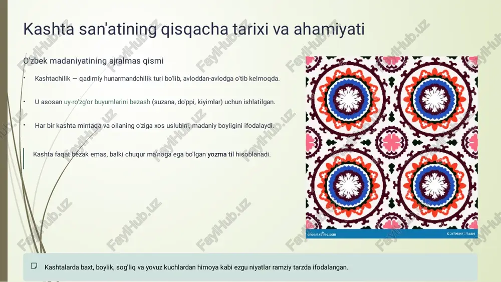 ahna liboslariga yopishtirish g'oyasini muhokama qilish. bolalar ijodiyotida kashtachilikning o'rni kreativlikni rag'batlantirish bolalar o'z sahna liboslari, dekoratsiyalari yoki qahramonlarining ramziy elementlarini o'zlari tikib, ijodiy yondashuvni kuchaytiradilar. madaniy qadriyatlar kashtachilik orqali ular o'z milliy hunarmandchiligining boyligini anglab yetadilar va unga hurmat bilan qaray boshlaydilar. diqqatni jamlash bu jarayon sabr, chidamlilik va mayda detallarga e'tibor berishni talab qiladi, bu esa bolalarning diqqat-e'tiborini mustahkamlaydi. xulosa va keyingi qadamlar kashta turlarini o'rganish orqali biz nafaqat tikishni, balki madaniyatni o'qishni ham o'rgandik. muhim xulosa bezakli kashtalar go'zallik uchun, mazmunli kashtalar esa hikoya uchun xizmat qiladi. keyingi loyihalar keyingi darsda o'rganilgan ramzlar asosida kichik sahna bezaklari yoki kostyum elementlarini tikishni boshlaymiz. ko'rgazma yil oxirida barcha bolalar ishlaridan iborat "yosh hunarmandlar" ko'rgazmasini tashkil etamiz.
